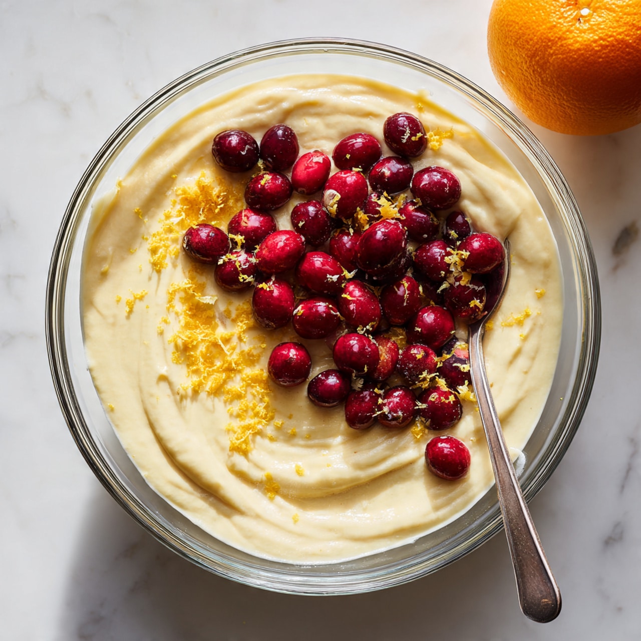 A clear glass bowl sits on a white marbled surface, filled with a thick, creamy, pale yellow batter base spread evenly. On top of the batter, there is a pile of fresh whole cranberries in bright red and dark maroon, clustered mostly in the center right of the bowl. To the left side of the cranberries, there is some finely grated orange zest sprinkled on the batter, adding a bright orange contrast. A silver spoon is placed inside the bowl on the right side, touching the batter. In the background to the top right, a small whole orange is slightly visible. photo taken with an iphone --ar 4:5 --v 7