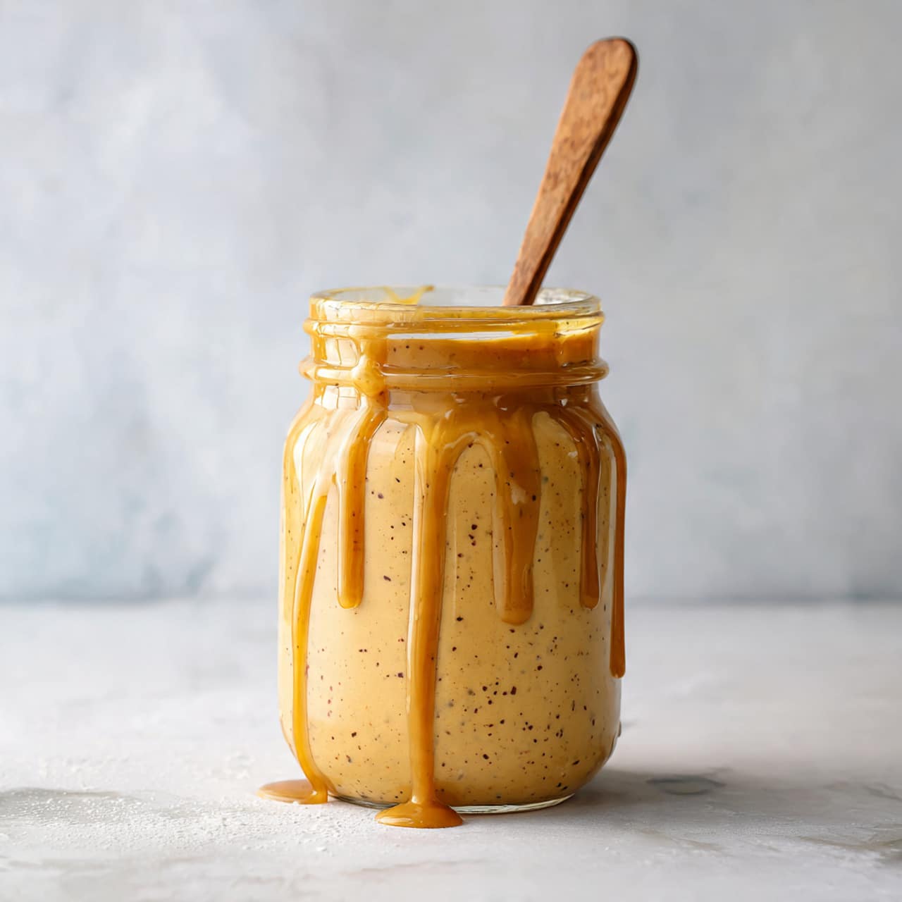A clear glass jar filled almost halfway with a creamy light orange sauce mixed with small dark specks, with some sauce dripping down the outside of the jar in thick streaks. Inside the jar is a wooden spoon with a light brown handle standing upright, partially covered in the sauce. The jar sits on a white marbled textured surface with soft natural light coming from the left side. The background is smooth and light grayish blue in color. photo taken with an iphone --ar 4:5 --v 7