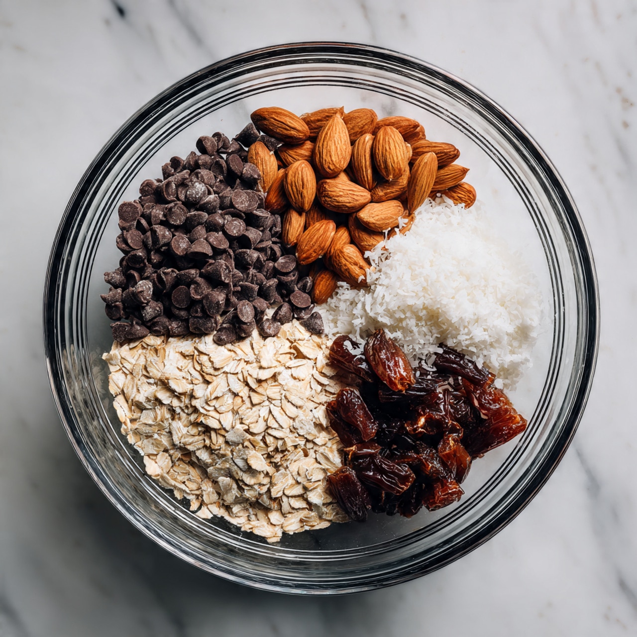 A clear glass bowl with black stripes holds five different ingredients in separate piles inside it on a white marbled surface. There are dark brown chocolate chips on the top left, light brown sliced almonds next to them on the top right, white grainy shredded coconut on the right side, dark reddish chopped dates on the bottom right, and beige rolled oats with a bit of white flour underneath them on the bottom left. The bowl is seen from above. Photo taken with an iphone --ar 4:5 --v 7