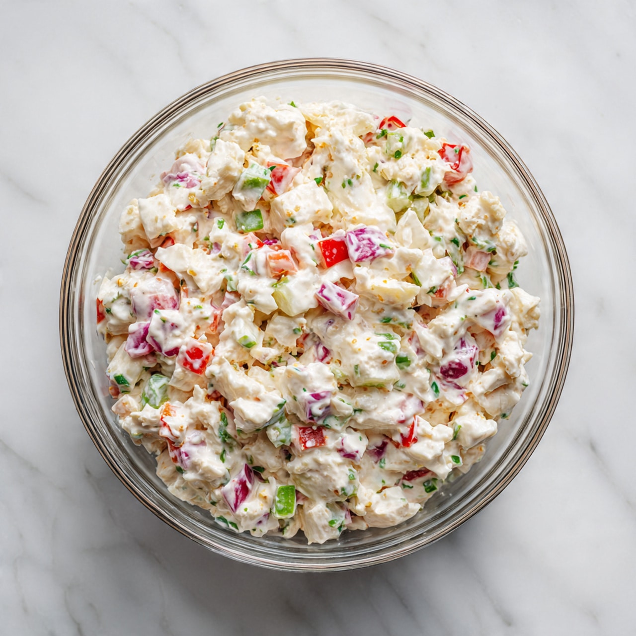 A clear glass bowl contains a mixture of finely chopped ingredients with no visible layers. The mix includes small pieces of red bell pepper, white chunks that look like cheese or egg, tiny green bits of herbs, and light brown creamy elements, all combined with a creamy dressing. The colors are bright red, white, green, and beige, scattered evenly throughout with a slightly chunky texture. The bowl is placed on a white marbled surface. photo taken with an iphone --ar 4:5 --v 7