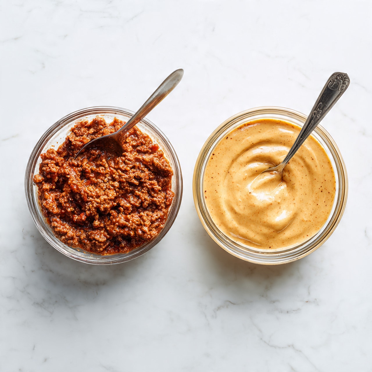 Two clear glass bowls sit side by side on a white marbled surface. The bowl on the left holds a thick mixture of cooked ground meat with a reddish-brown sauce, with a shiny metal spoon inside. The bowl on the right contains a smooth, light orange creamy sauce with a similar metal spoon resting in it. The colors contrast with each other, and both bowls show the texture of their contents clearly. Photo taken with an iphone --ar 4:5 --v 7