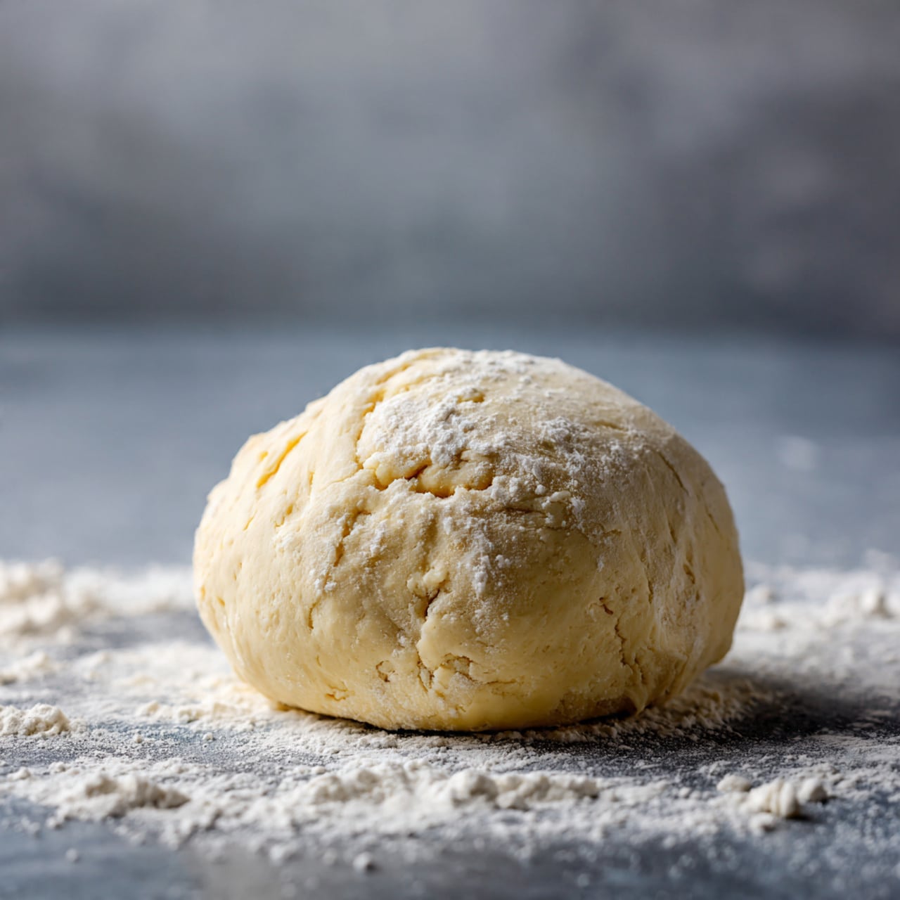 A single round ball of pale yellow dough with a slightly rough, flour-dusted surface sits on a dark grey stone-like surface scattered with white flour dust. The dough looks soft and well-kneaded, with small cracks and a matte texture showing lightly on top. The background is blurred but stays within the greyish tone, putting full focus on the dough ball. photo taken with an iphone --ar 4:5 --v 7