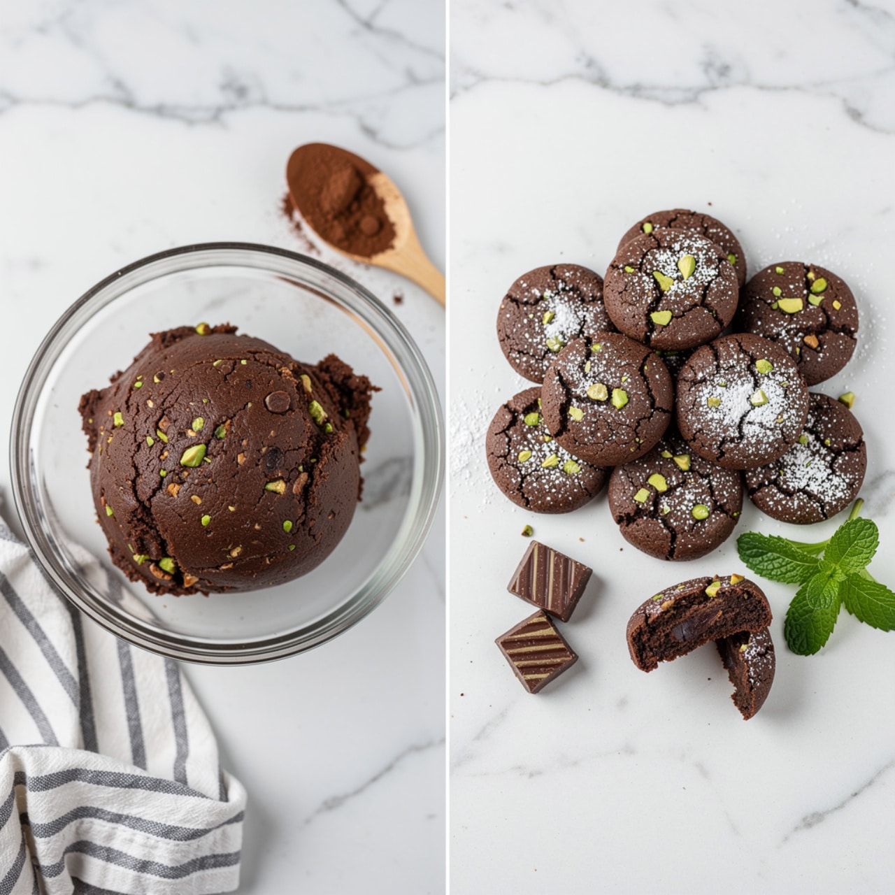 The image shows two parts: on the left, a glass bowl with a ball of dark brown chocolate dough mixed with small green and brown pieces, sitting on a white marbled surface with a brown cocoa powder spoon and striped cloth nearby; on the right, a pile of round, dark chocolate cookies covered with white powdered sugar and small green pieces scattered on a white marbled surface, with a few fresh green mint leaves and pieces of layered chocolate candy next to them, one cookie taken a bite from the front; photo taken with an iphone --ar 4:5 --v 7