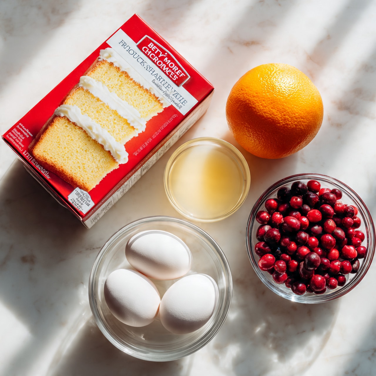 A white marbled surface holds five ingredients arranged neatly: on the left is a red box of Betty Crocker SuperMoist French Vanilla cake mix showing a slice of light yellow cake with white frosting, to its right is a whole bright orange, below the orange is a clear glass bowl filled with a pale yellow liquid, next to the bowl are three white eggs placed close together, and on the right edge is a clear glass bowl filled with small, round, red and dark red frozen berries. photo taken with an iphone --ar 4:5 --v 7