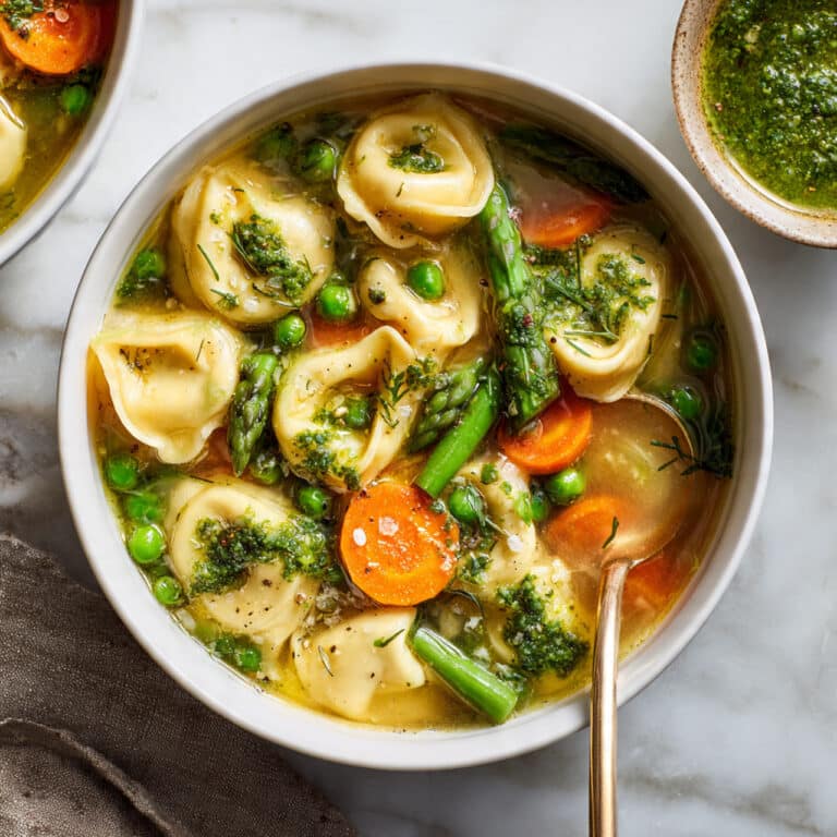 Vegetable Tortellini Soup with Pistachio Pesto Recipe