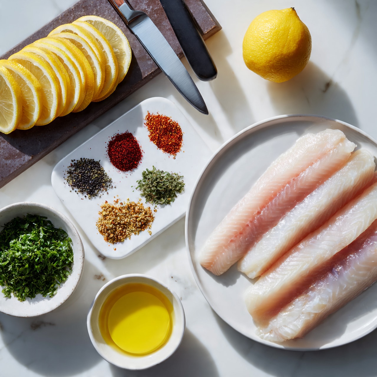 The image shows three thick, pale pink fish fillets neatly placed side by side on a white plate at the bottom right. Above the fillets, a small white plate holds six different spices arranged in tiny piles featuring colors like red, black, green, and white. To the left of the spices, a dark cutting board hosts a stack of thin yellow lemon slices layered one over another with one whole lemon also on the board. A sharp knife with a black handle lies diagonally on the cutting board. Below the cutting board, a small white bowl with chopped green herbs sits next to a small bowl of melted yellow butter. All items are set on a white marbled surface. photo taken with an iphone --ar 4:5 --v 7