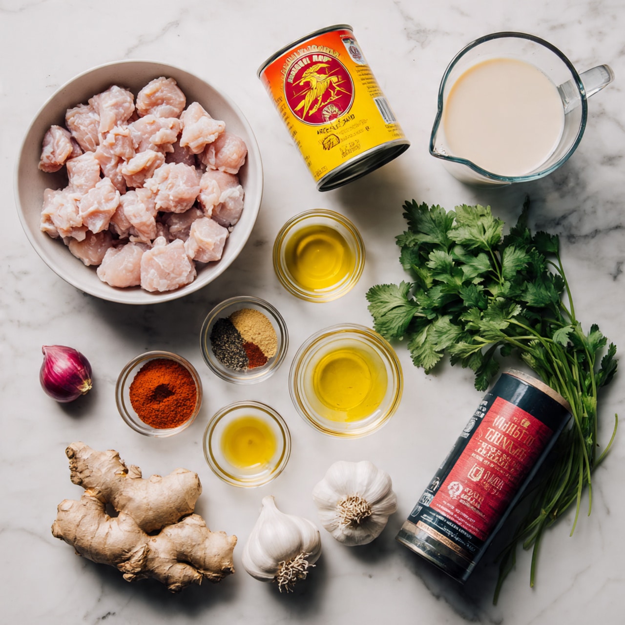 A white bowl filled with small, light pink pieces of raw chicken sits in the upper left corner on a white marbled surface. To the right, a clear measuring cup holds a creamy white liquid. Below the bowl and cup, there is a colorful yellow and red can of crushed tomatoes at the center, surrounded by small glass bowls with light yellow oil, light brown spice, salt, and mixed spices with orange, brown, and black colors. Below these, there are three garlic cloves, a small knobby piece of ginger, two light brown shallots, a bunch of fresh green cilantro, and a tube of black and red tomato paste near the bottom left corner. Photo taken with an iphone --ar 4:5 --v 7