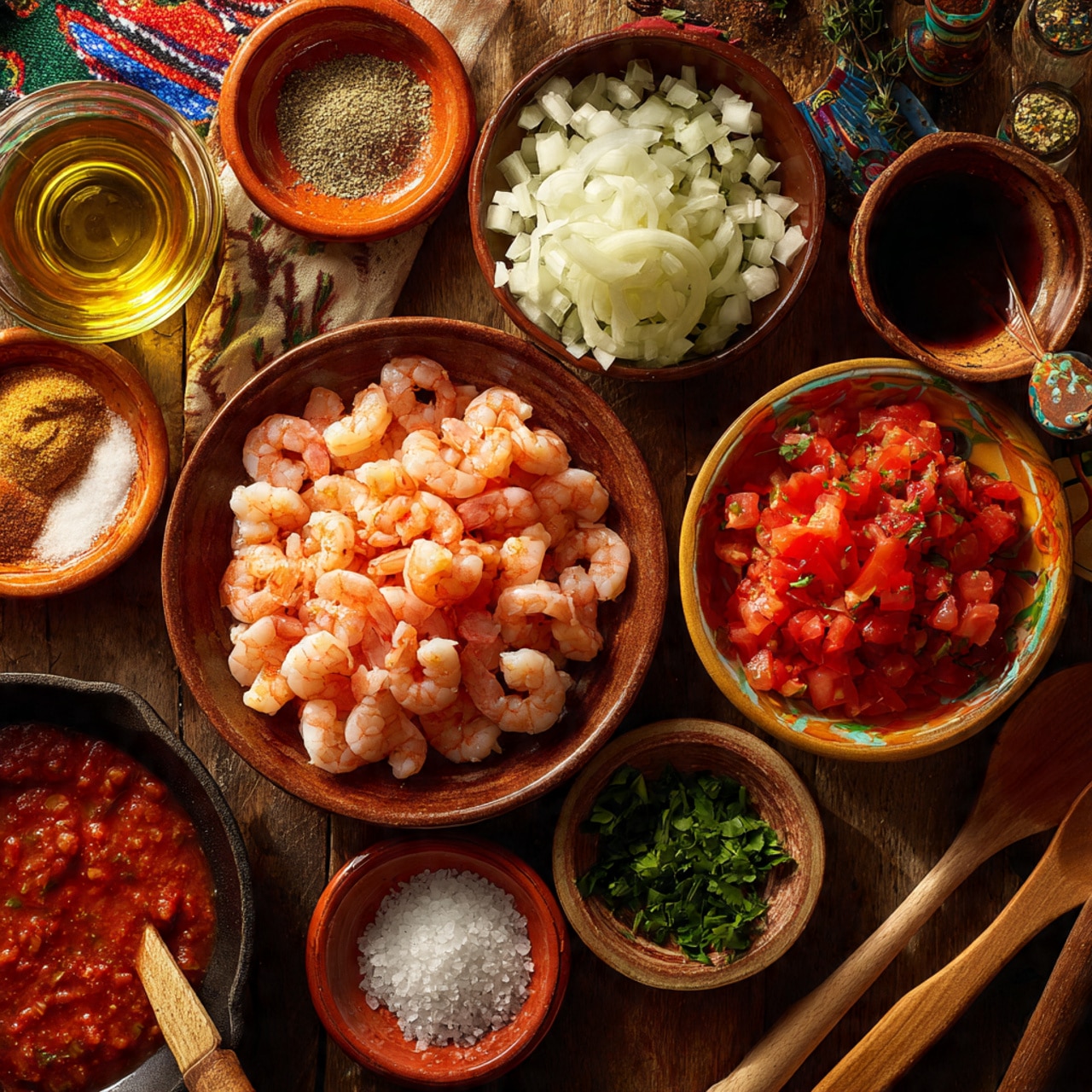 A black round plate holds a dish made of small shrimp cooked in a light orange sauce with visible pieces of red tomato and thin slices of onion. The shrimp are light pinkish-white with curled shapes, scattered evenly across the plate. Green herbs, likely chopped parsley, are sprinkled on top, along with slices of green chili pepper, adding small bright green spots. The sauce pools gently around the shrimp, giving a slightly shiny and moist texture to the dish. The plate sits on a white marbled surface. photo taken with an iphone --ar 4:5 --v 7