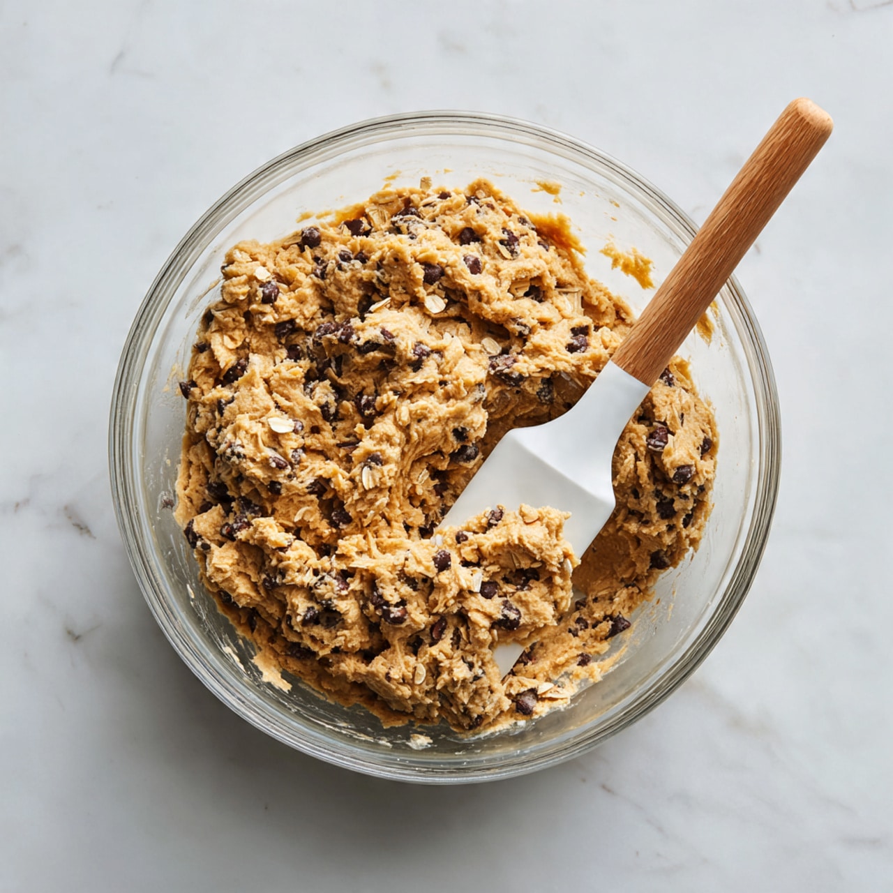 A clear glass bowl holds thick cookie dough mixed with oats and chocolate chips, creating a chunky and textured look in a warm golden brown color with darker spots from the chips; a white spatula with a wooden handle is scooping some dough from the right side of the bowl. The bowl sits on a white marbled surface, creating a clean and bright background. photo taken with an iphone --ar 4:5 --v 7