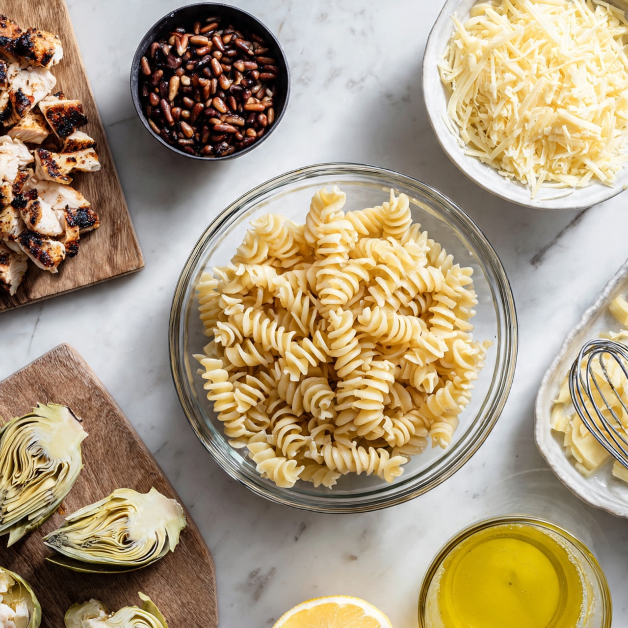 The image shows several layers of food ingredients arranged on a white marbled surface. The main focus is a clear glass bowl in the center filled with light beige, spiral pasta. To the top right is a white bowl filled with shredded pale yellow cheese. On the left side, there are dark brown toasted pine nuts in a black bowl and chopped grilled chicken with a charred brown and white texture on a wooden board. Near the bottom, there are shredded artichoke pieces scattered next to a halved lemon. In the bottom right corner, part of a glass measuring cup with a yellow liquid and a whisk inside is visible. Photo taken with an iphone --ar 4:5 --v 7