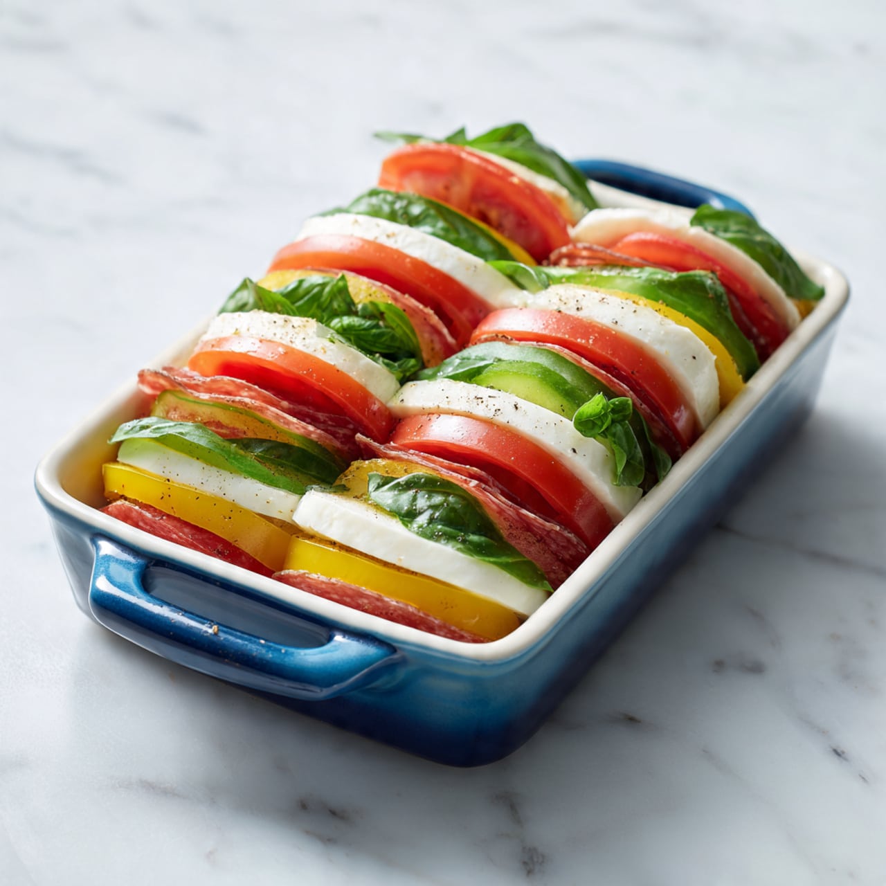 The dish is arranged in a white rectangular ceramic dish with a blue handle, placed on a white marbled surface. There are five stacks of layered slices, each made up of a repeated pattern: red or yellow tomato slices, white round slices of cheese, green basil leaves, and thin folded slices of salami with a textured edge, all drizzled with dark balsamic glaze. To the right, there is a cluster of bright red cherry tomatoes with a few green basil leaves scattered among them. In the bottom right corner, there are yellow pickled pepper slices adding a different texture and color contrast. The colors are vivid with a mix of red, white, green, yellow, and the rich brown glaze. The photo taken with an iphone --ar 4:5 --v 7