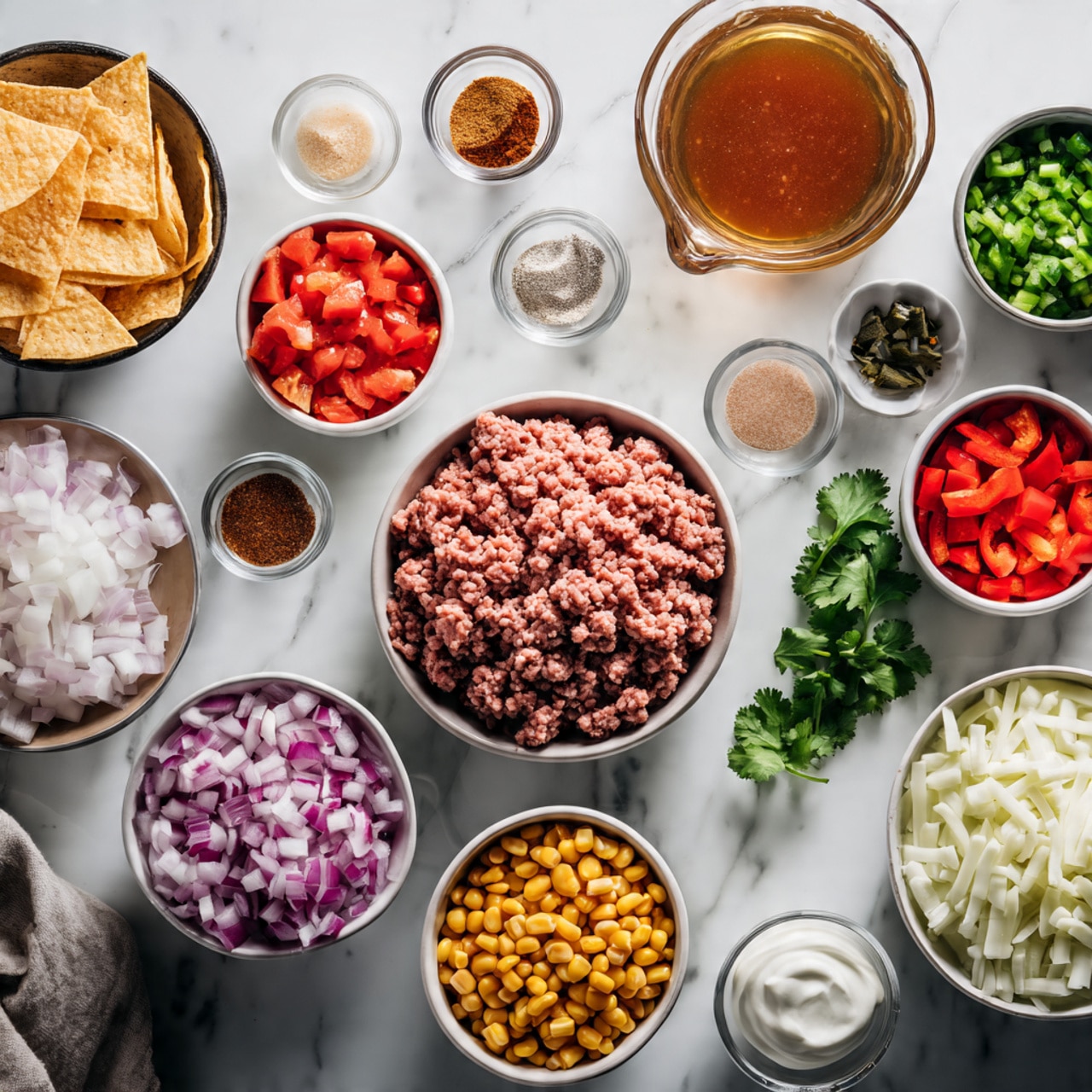 Inside a large grey pot, four main layers of ingredients form a colorful mix. The bottom layer is browned ground beef, dark brown with a crumbly texture, filling the base and edges of the pot. On the left side, above the beef, there is a layer of light brown pinto beans, smooth and round. Above the beans, bright yellow frozen corn kernels form the top left section with a slightly frosty texture. On the right side, nestled between the beef and corn, is a rich, thick red tomato sauce. At the bottom right corner, chopped green chilies add a bright green, slightly chunky layer. The pot is set on a surface with a white marbled texture photo taken with an iphone --ar 4:5 --v 7
