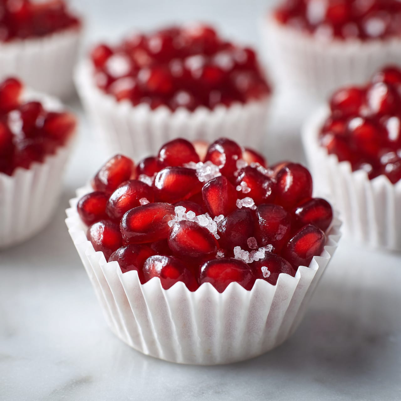 The image shows a close-up of a small white paper cupcake liner filled with shiny, deep red pomegranate seeds layered on the bottom. Scattered on top are small pieces of coarse sea salt that add texture and a slight sparkle. The cupcake liner rests in a white marbled surface with other similar liners filled with pomegranate seeds seen out of focus in the background. The colors are rich with the deep red seeds contrasting against the pale white liner and surface. Photo taken with an iphone --ar 4:5 --v 7
