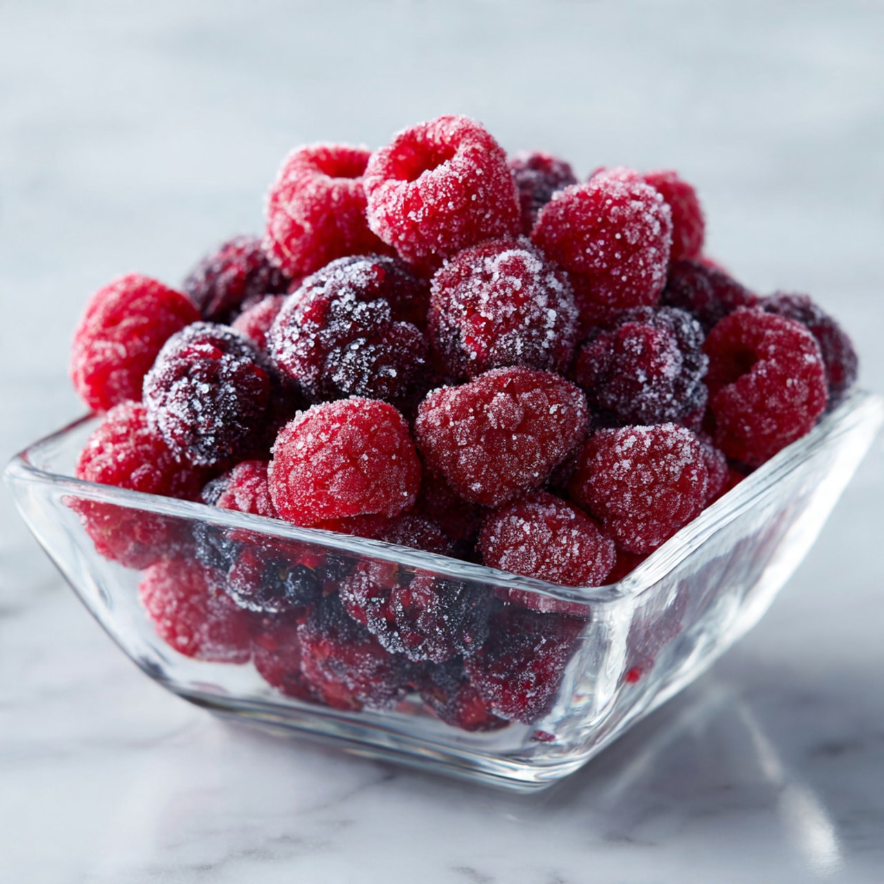 A clear glass bowl filled with a heap of small, frozen raspberries. The raspberries show a mix of deep red and dark pink colors, with a light frosty texture covering their surfaces. The bowl sits on a white marbled surface, giving a clean and fresh background that highlights the vibrant color and icy texture of the raspberries inside. photo taken with an iphone --ar 4:5 --v 7