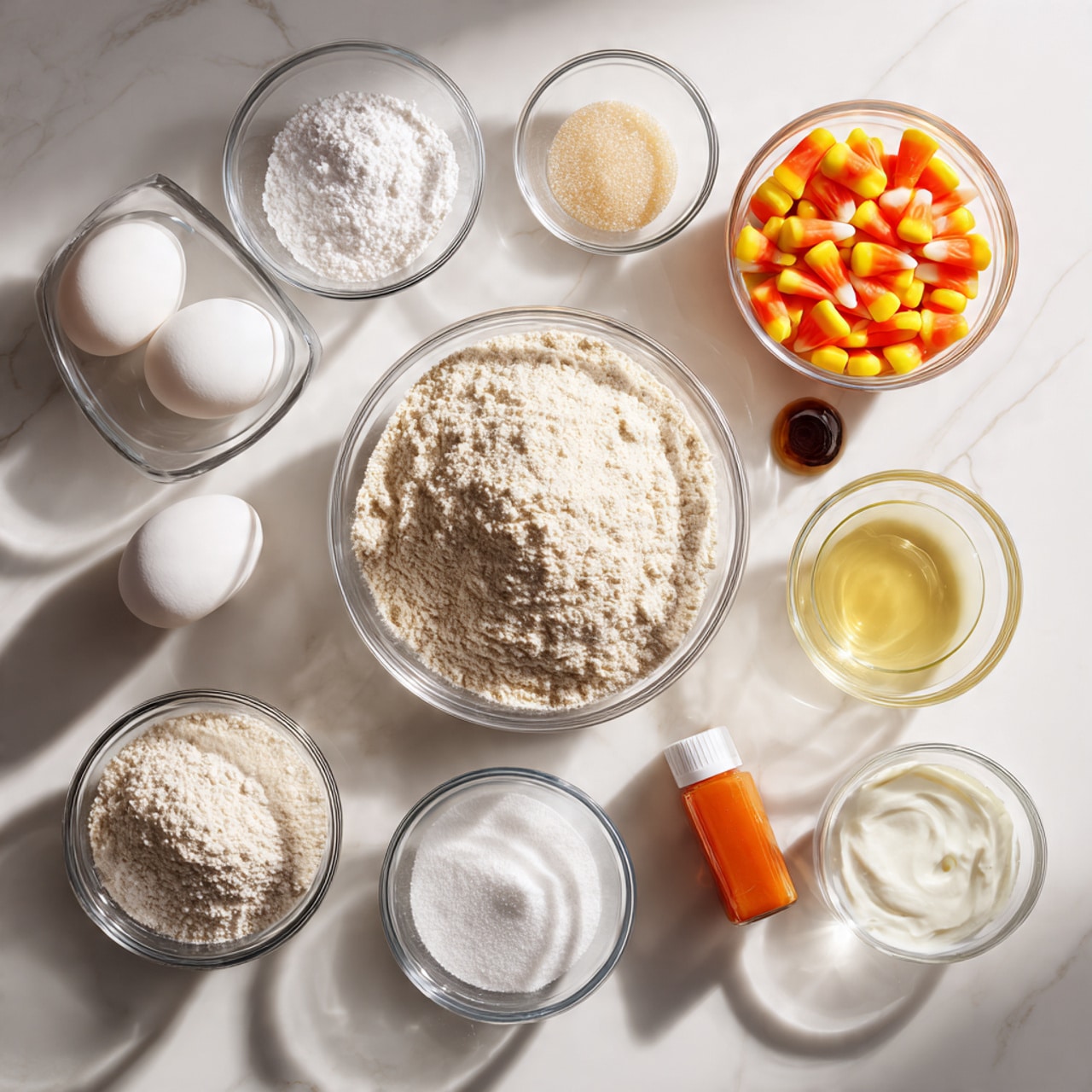 The image shows several clear glass bowls arranged on a white marbled surface, each containing different baking ingredients. In the center is a large bowl filled with light beige flour. Surrounding it are smaller bowls holding white granulated sugar, white powdered baking powder, white baking soda, white sour cream, two white eggs, a pale yellow liquid oil, a small amount of dark brown vanilla extract, and white milk. To the right side near the top, there is a small pile of orange, yellow, and white candy corn pieces, along with a tiny bottle of orange food coloring. The overall setup looks clean and organized. photo taken with an iphone --ar 4:5 --v 7