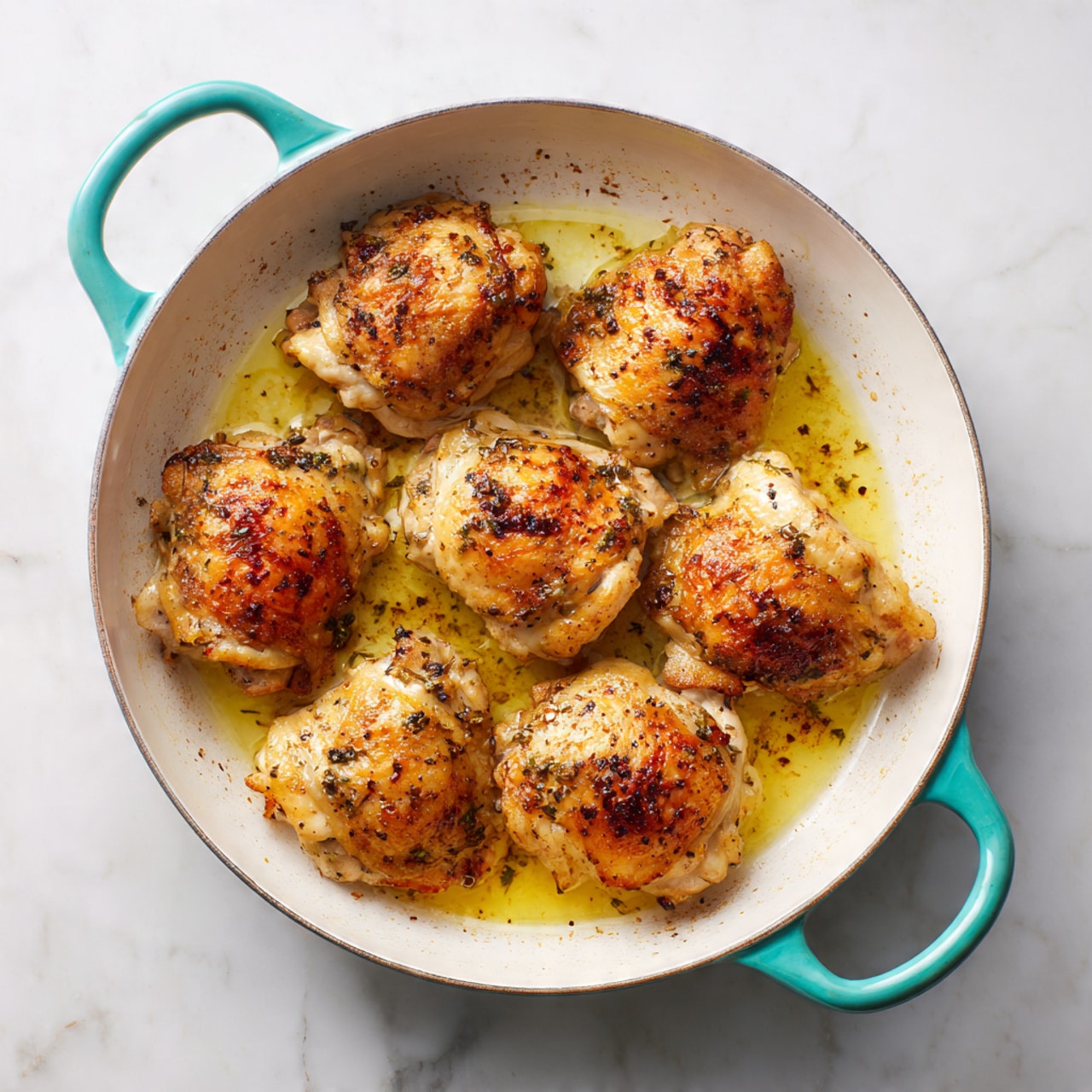 A white round pan with two turquoise handles contains five cooked chicken pieces arranged in a loose circle, each piece golden brown with a slightly crispy texture and some darker spots from seasoning. The chicken rests in a shallow pool of yellowish oil, which glistens softly in the light. The pan sits on a white marbled surface that adds subtle texture to the scene. photo taken with an iphone --ar 4:5 --v 7