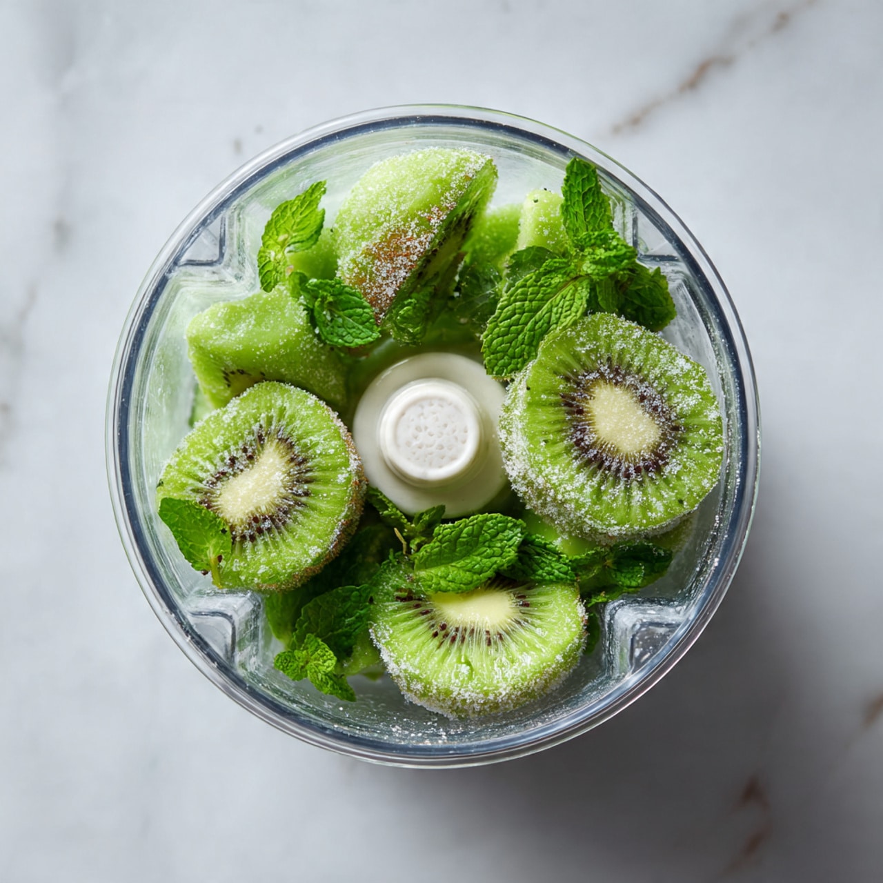 A clear blender bowl sits on a white marbled surface filled with several pieces of frozen green kiwi, showing light frost on their bright green skin and darker green inner flesh with tiny black seeds. There are fresh green mint leaves scattered loosely over the kiwi pieces, adding a vibrant leaf texture. In the center, a round off-white blender component is visible, surrounded by the fruit and leaves. The scene is well-lit from above, showing clear details of the frozen fruit and fresh leaves, photo taken with an iphone --ar 4:5 --v 7