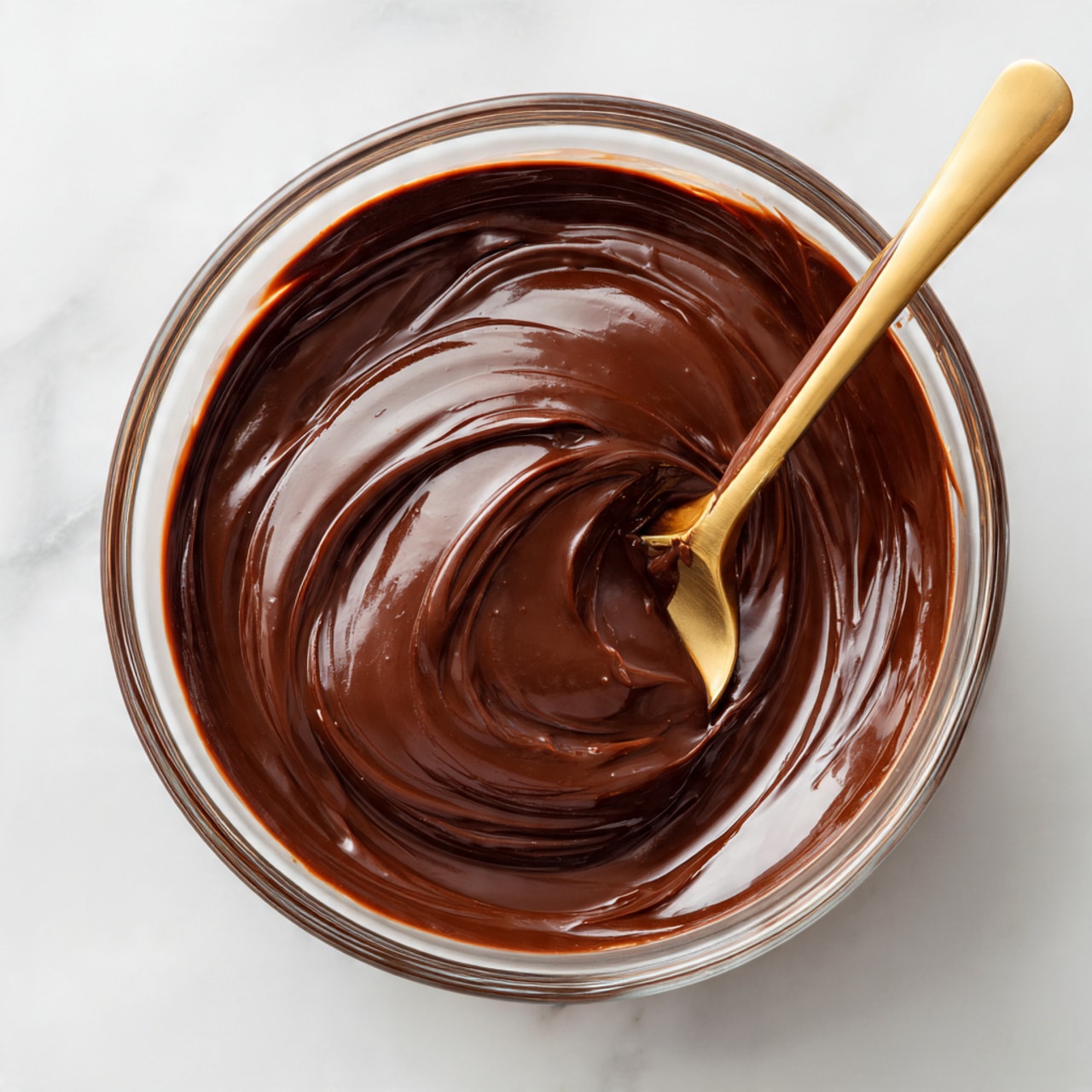 A clear glass bowl filled with smooth, shiny dark brown chocolate, with a golden spoon resting inside, partly covered in the chocolate. The bowl sits on a white marbled surface. The chocolate has a glossy, rich texture, showing some light reflections on its surface. Photo taken with an iphone --ar 4:5 --v 7