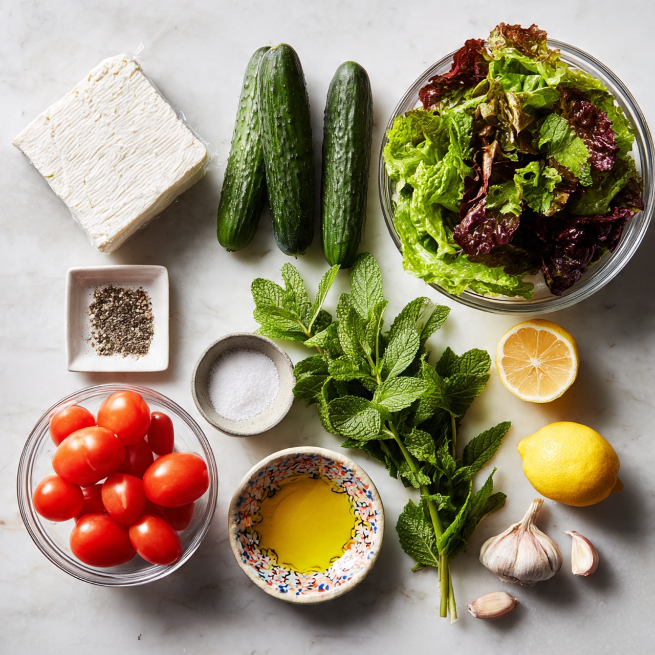 The image shows fresh ingredients arranged on a white marbled surface, including a clear bowl filled with mixed green and reddish leafy lettuce on the top right, and below it a bundle of fresh green mint leaves with stems. To the left of the mint leaves, there is a white packaged block of halloumi cheese. Above that, there are three dark green cucumbers placed horizontally. A clear bowl filled with bright red grape tomatoes is at the bottom left. Near the top left, a small square white dish holds salt and black pepper, and next to it, a small round bowl with colorful floral patterns contains golden olive oil. On the right side of the cheese, there are two halves of a lemon with a rich yellow color, and nearby a single clove of garlic. The whole setup is clean and brightly lit. Photo taken with an iphone --ar 4:5 --v 7