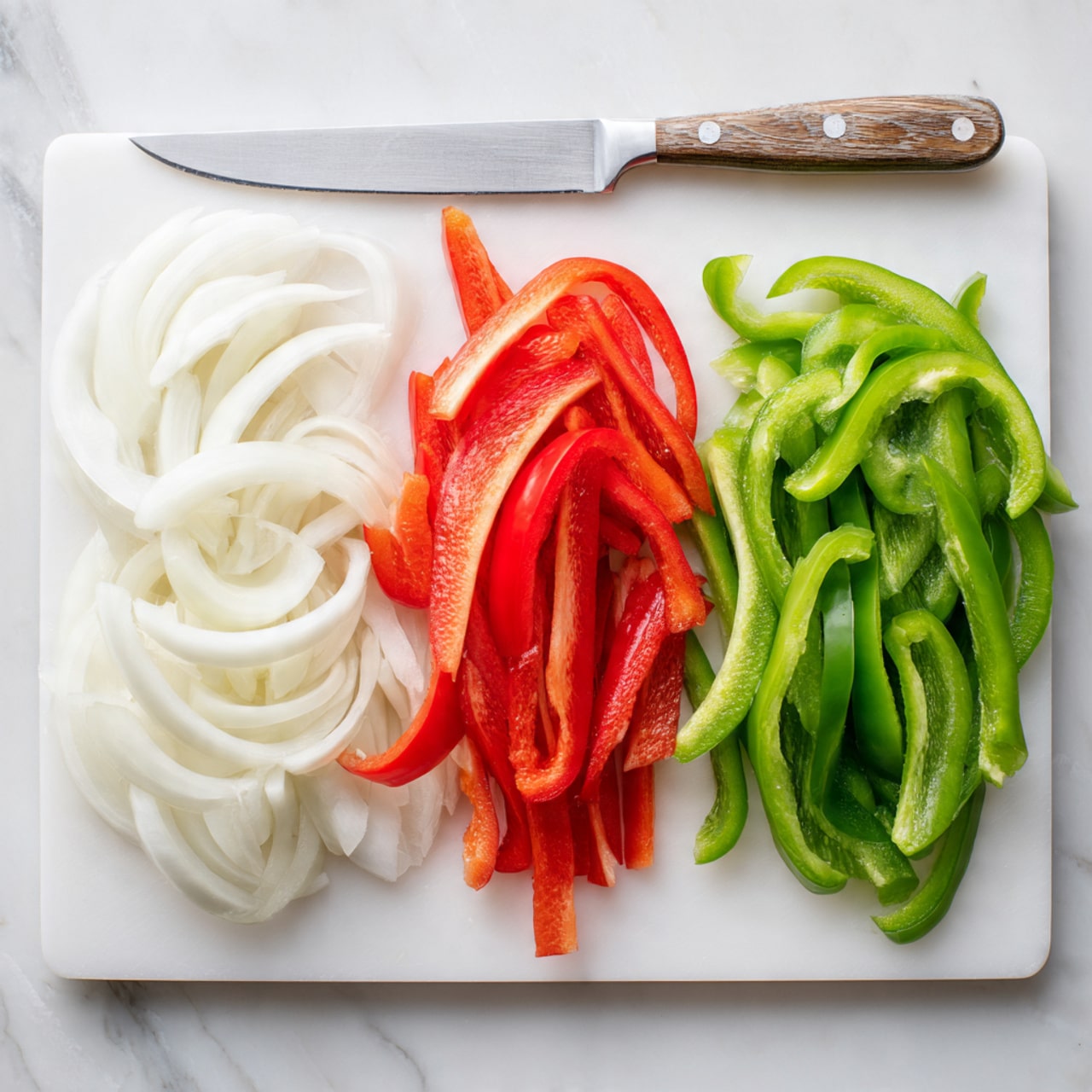 The image shows three groups of sliced vegetables arranged in a row on a white cutting board with a knife placed above them. From left to right, there are thin curved slices of white onion, long thin strips of red bell pepper, and long thin strips of green bell pepper. The background has a white marbled texture. Photo taken with an iphone --ar 4:5 --v 7