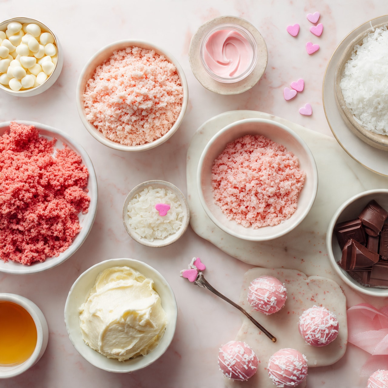 Inside a silver metal bowl are soft, crumbly chunks of pink cake with a slightly rough texture. The cake pieces fill the bowl almost to the top, showing irregular edges and an airy look. A white spatula with some pink crumbs sticks out from the left side of the bowl. The bowl sits on a wooden board with white, pink, and black sprinkle decorations and is placed on a white marbled surface. The lighting is bright and clear, highlighting the soft texture and pink color of the cake pieces photo taken with an iphone --ar 4:5 --v 7