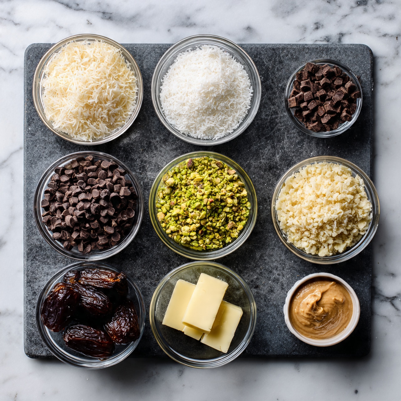 A dark gray cutting board on a white marbled surface holds seven small glass bowls arranged neatly. From the top left, there is a bowl full of shredded pale beige coconut flakes, next to it on the right is a bowl filled with medium brown chocolate chips. Below the chocolate chips, a small bowl contains light green crushed pistachios. Below the shredded coconut, a small bowl has a yellow square of butter. Centered below the butter, a bowl contains many shiny, dark brown dates stacked together. To the right of the dates, there is a small bowl of smooth, light brown tahini, and next to that a small bowl with a creamy, light yellow mixture. The photo is taken with an iphone --ar 4:5 --v 7
