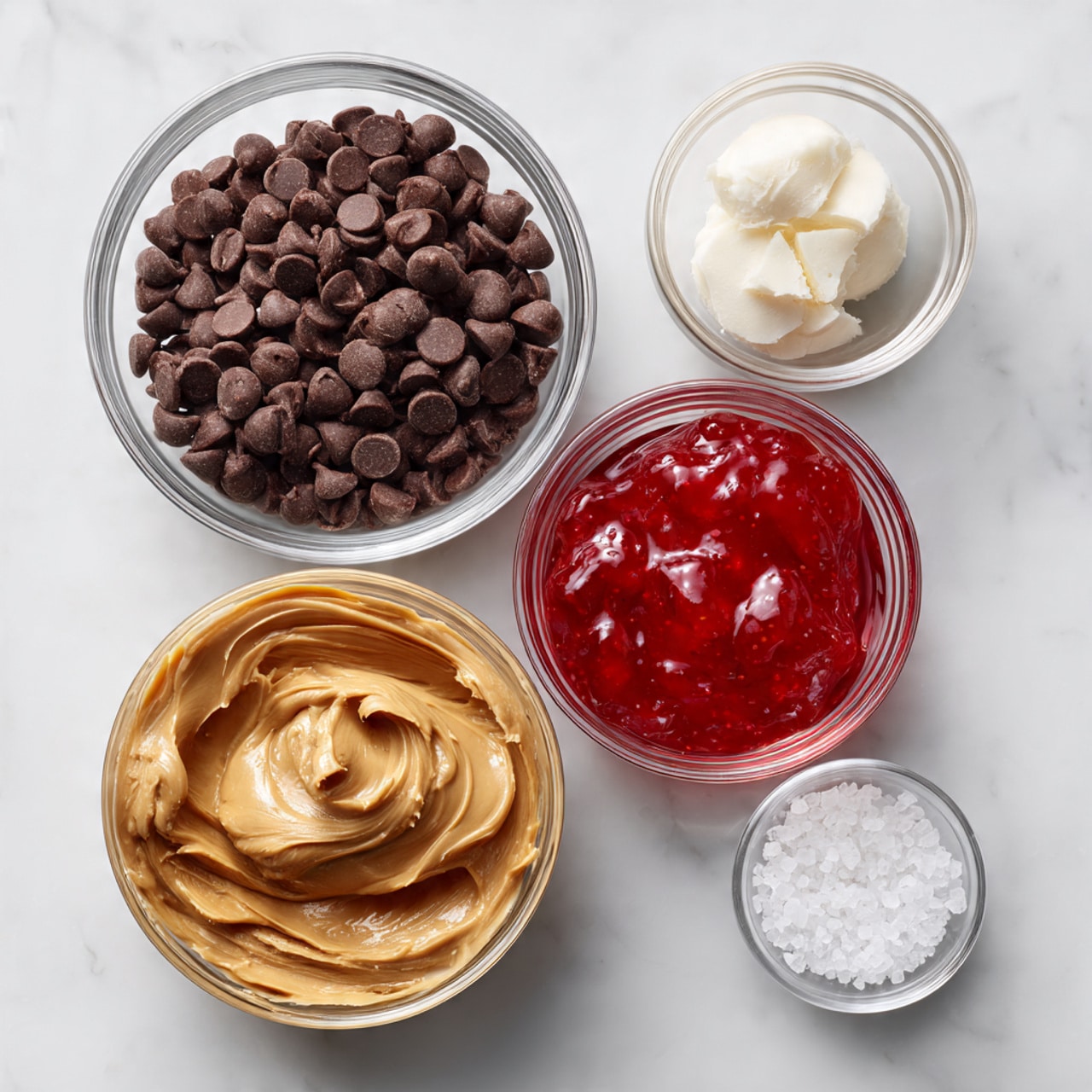 Five clear glass bowls sit on a white marbled surface, each with different ingredients. The largest bowl, placed at the top left, holds many small dark brown chocolate chips with a smooth texture. To the right, a smaller bowl contains a white, soft solid resembling coconut oil. Below the largest bowl, another clear bowl has creamy, light brown peanut butter with smooth swirls and folds. To the right of the peanut butter, a medium-sized bowl is filled with bright red jam that has a shiny, chunky texture. Finally, a small bowl at the bottom right holds coarse white salt crystals. photo taken with an iphone --ar 4:5 --v 7