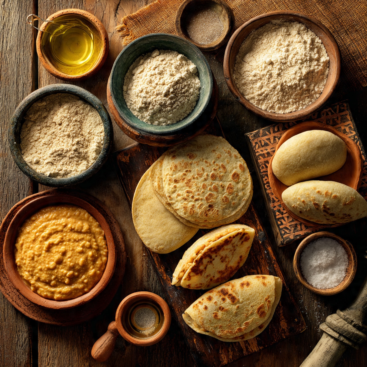 The image shows a pile of eight small round flatbreads with a golden brown color and some darker toasted spots on the surface. They are arranged unevenly on a white paper towel, which is slightly crumpled under them. The flatbreads have a smooth texture with some parts showing a soft, slightly puffed appearance. The background is a white marbled surface. Photo taken with an iphone --ar 4:5 --v 7