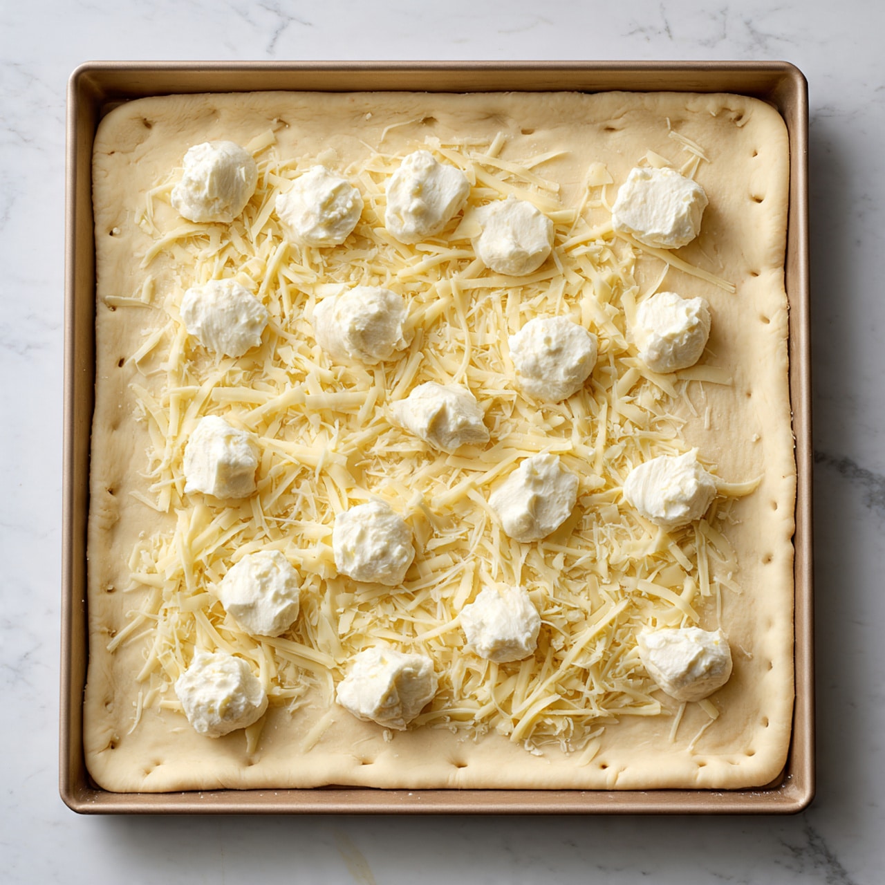 A rectangular sheet of light beige dough is placed on a baking tray with slightly raised edges. The dough covers the whole tray and is pierced with small holes. On top, there is a scattered layer of shredded cheese in pale yellow and off-white colors. Dollops of soft white cheese are spread evenly across the surface, creating a textured contrast with the shredded cheese underneath. The background shows a white marbled surface. photo taken with an iphone --ar 4:5 --v 7
