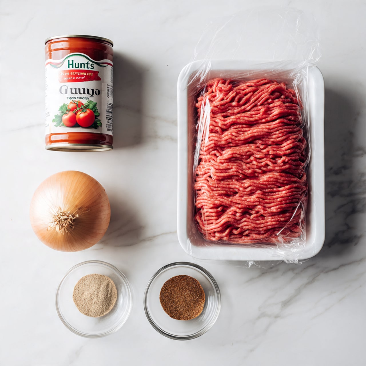 This image shows five cooking ingredients laid out on a white marbled surface. On the right is a plastic white tray with bright red extra lean ground beef arranged in neat waves inside, covered with clear plastic. On the left side is a colorful red and green can of Hunt's tomato sauce standing upright, its label showing tomatoes and herbs. Below the can is a whole light brown onion with a dry outer skin. Near the bottom center are two small clear glass bowls, one with a light brown fine powder and the other with a darker brown spice mix. The overall layout is simple and clean with bright natural light. photo taken with an iphone --ar 4:5 --v 7