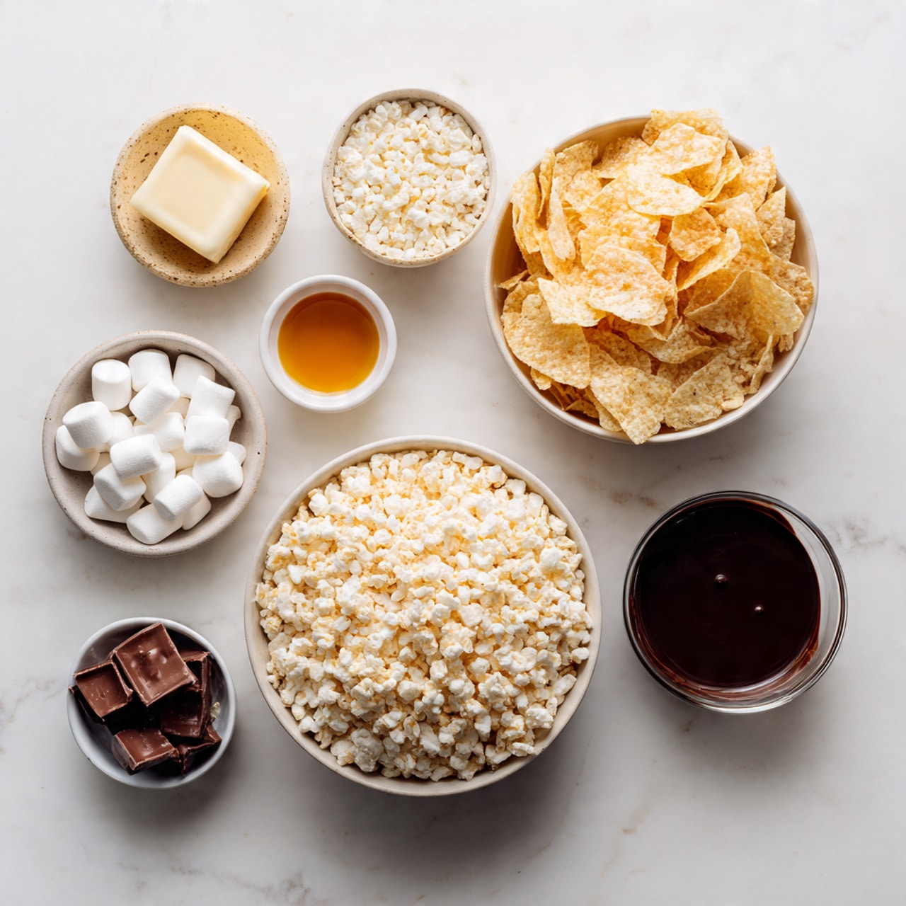 The image shows a close-up of three stacked crispy rice treats with marshmallows and a drizzle of dark chocolate on top and between layers. The treats have a light golden color with puffed rice pieces and soft white marshmallows visible inside. The top has a glossy dark chocolate pattern that adds contrast to the light texture below. The background is a soft white marbled surface, keeping focus on the textured, three-layer stack of the treats. photo taken with an iphone --ar 4:5 --v 7