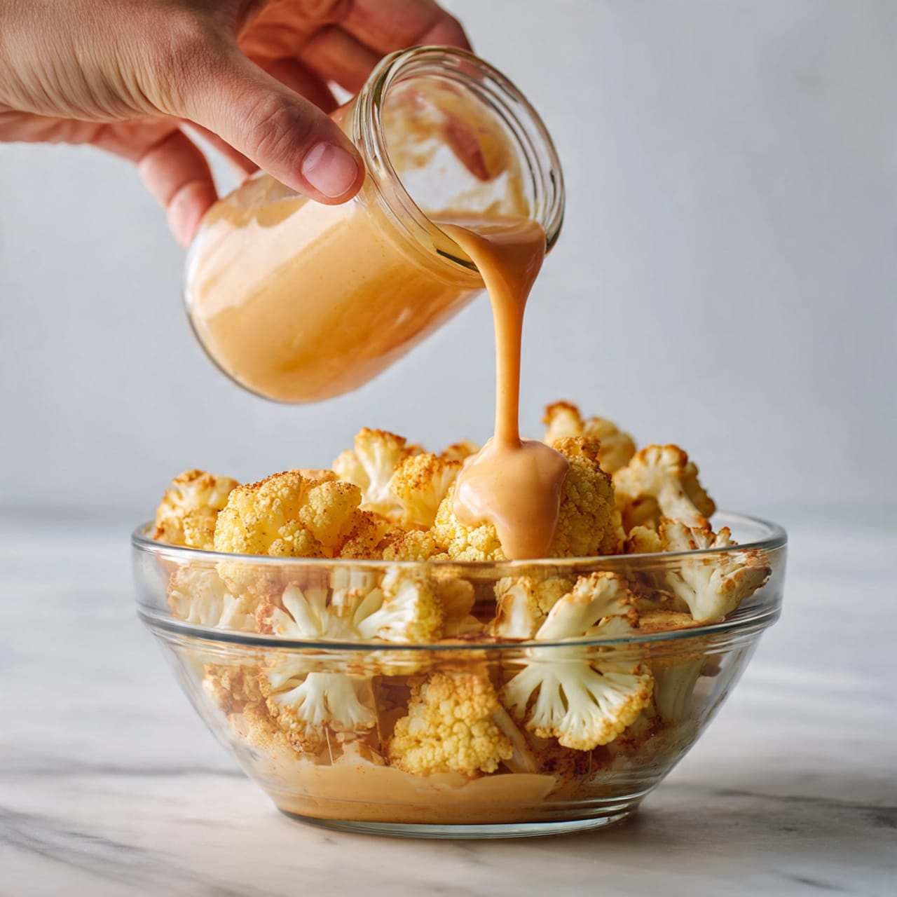A clear glass bowl filled with light golden, crispy cauliflower pieces sits on a white marbled background. A woman's hand is pouring a smooth, creamy light orange sauce from a glass jar onto the cauliflower, with the sauce creating a small mound on top of the cauliflower in the center of the bowl. The colors contrast well, highlighting the texture of the crispy cauliflower and the silky sauce. Photo taken with an iphone --ar 4:5 --v 7