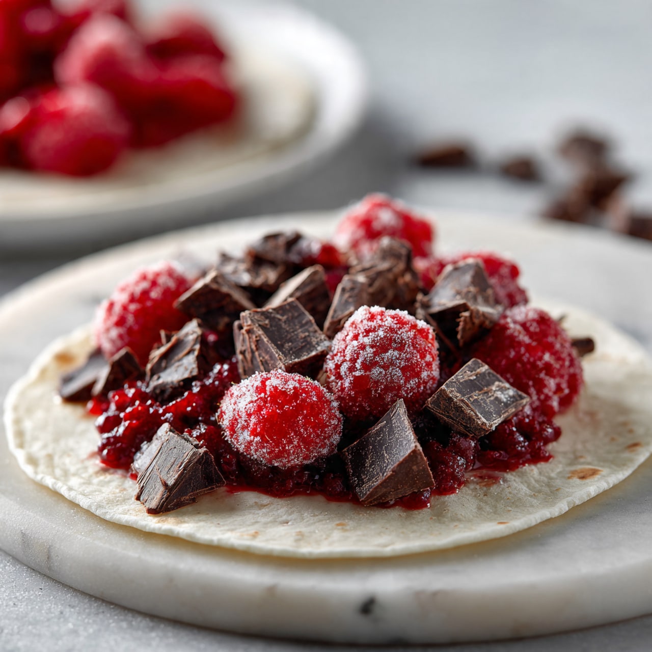 The image shows a single white round tortilla placed flat on a white marbled surface. On top of the tortilla, there is a layer of bright red frozen raspberries, which looks textured and frosty. Over the raspberries, there is a small pile of dark chocolate chunks, irregular in shape, with a rough texture and a deep dark brown color. The background is softly blurred, with another white plate partially visible in the top left corner holding more of the raspberry and chocolate mixture. photo taken with an iphone --ar 4:5 --v 7
