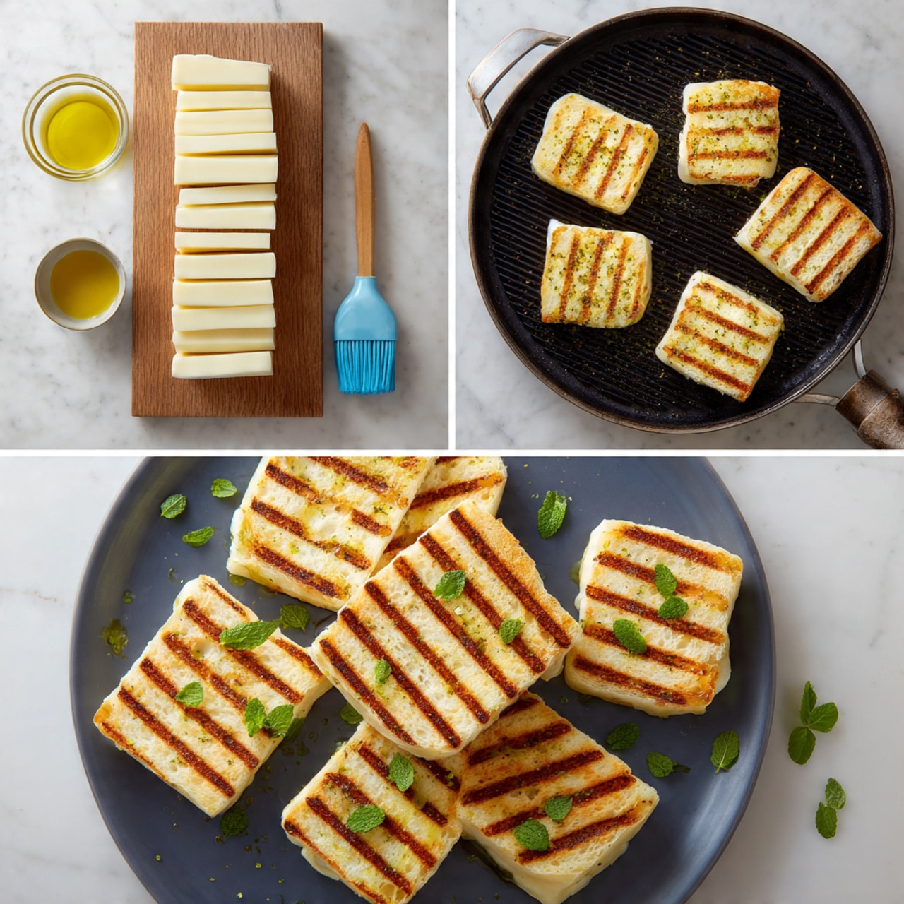 The image shows a three-step process of preparing grilled cheese slices. The first step at the top left features a wooden board on a white marbled surface, holding twelve pale, rectangular slices of cheese arranged neatly, with a blue brush placed on the side and a small bowl of yellow olive oil nearby. The second step at the top right shows eleven slices of cheese on a black grill pan with strong dark grill marks and some melted spots, sitting on the white marbled surface. The third step at the bottom presents a round black plate on the white marbled surface topped with the grilled cheese slices spread out, each with clear golden and dark brown grill marks, garnished with thin green mint leaves scattered over the top. Photo taken with an iphone --ar 4:5 --v 7