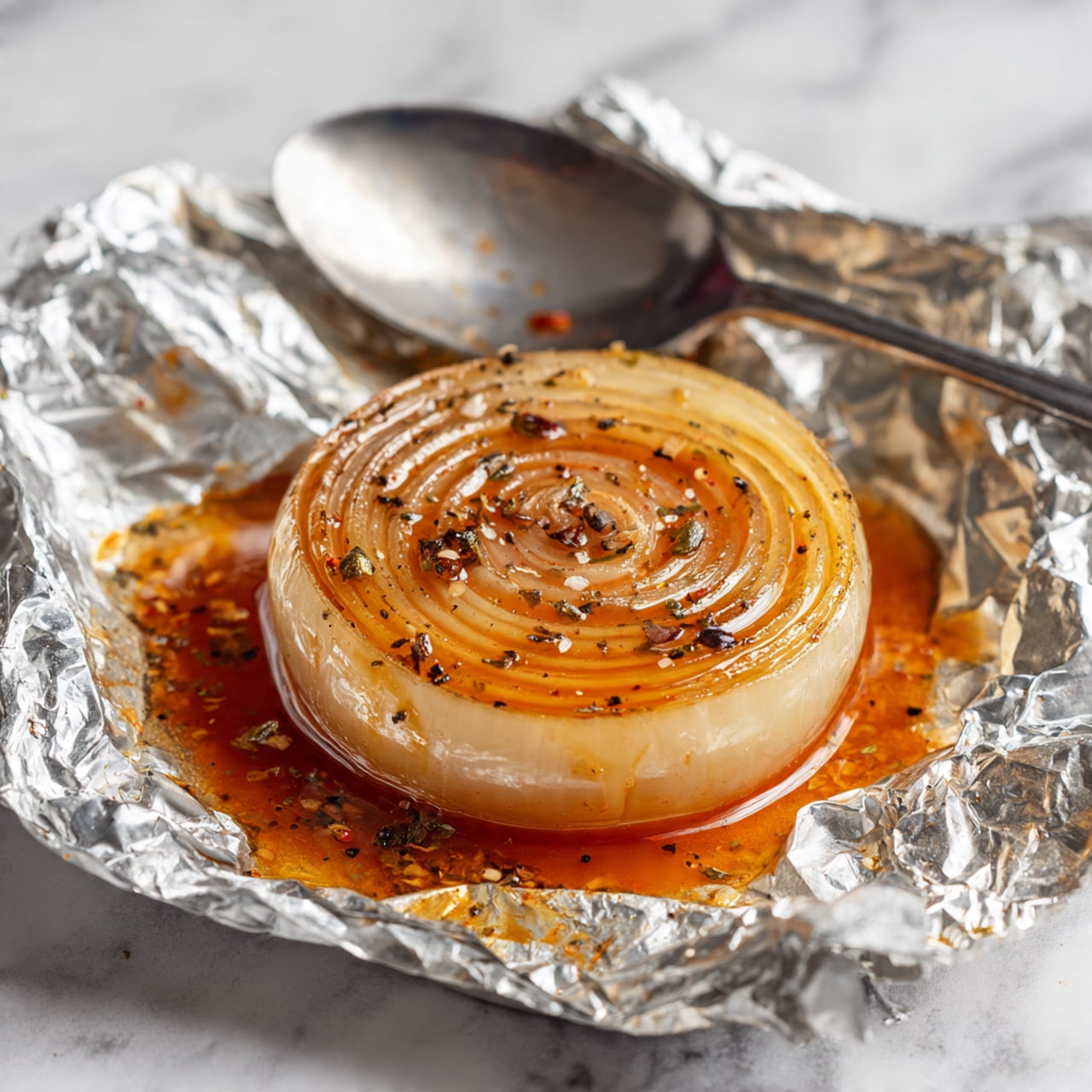 A single round onion slice is placed in the center of crinkled silver foil, covered in a shiny orange-brown sauce with visible black pepper and herbs sprinkled evenly on top. The onion slice shows layers with a slightly translucent off-white color, and the sauce pools slightly around it inside the foil, creating a rich, glossy texture. There is a shiny metal spoon partially underneath the onion slice, reflecting the sauce and foil around it. The background is a white marbled texture photo taken with an iphone --ar 4:5 --v 7