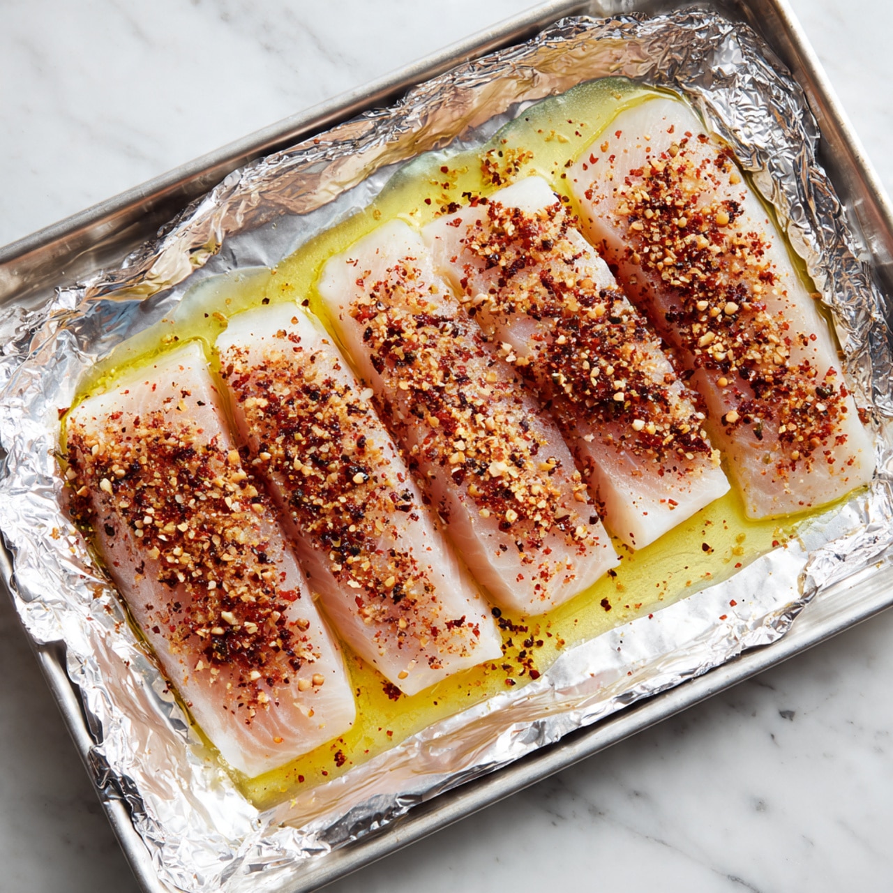 The image shows four pieces of light pink fish fillets placed side by side on a layer of silver aluminum foil inside a rectangular baking tray. Each fillet is topped with a mix of reddish-brown spices and small darker flakes, and there is a light yellow oil or butter spread underneath each piece, making the foil look shiny in spots. The baking tray sits on a white marbled surface. photo taken with an iphone --ar 4:5 --v 7
