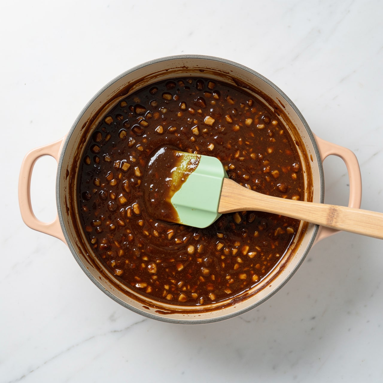 A round cooking pot with a light gray inside and peach handles sits on a white marbled surface. Inside the pot, there is one layer of thick dark brown sauce with bits of lighter colored pieces mixed inside. A wooden spatula with a light green silicone head is resting in the pot, partly covered with sauce. The spatula’s handle extends out to the right side. The scene is bright and evenly lit, showing the smooth texture of the sauce. photo taken with an iphone --ar 4:5 --v 7