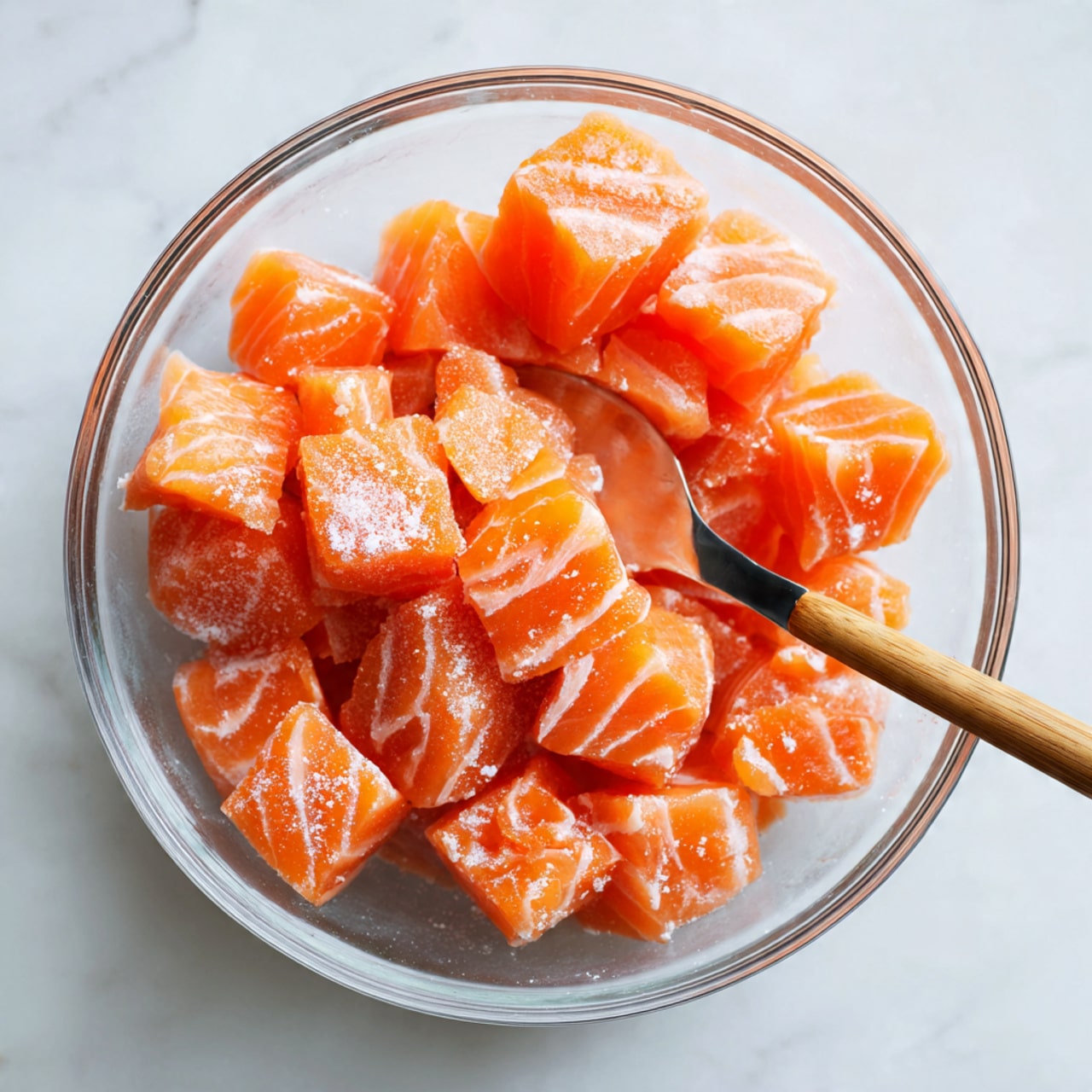 A clear glass bowl is filled with small cubes of raw salmon that show a bright orange color with white streaks. The salmon pieces look fresh and slightly moist, dusted lightly with white powder. The bowl sits on a white marbled surface. A spoon with a black head and light wooden handle rests inside the bowl, slightly tilted toward the right side. Photo taken with an iphone --ar 4:5 --v 7