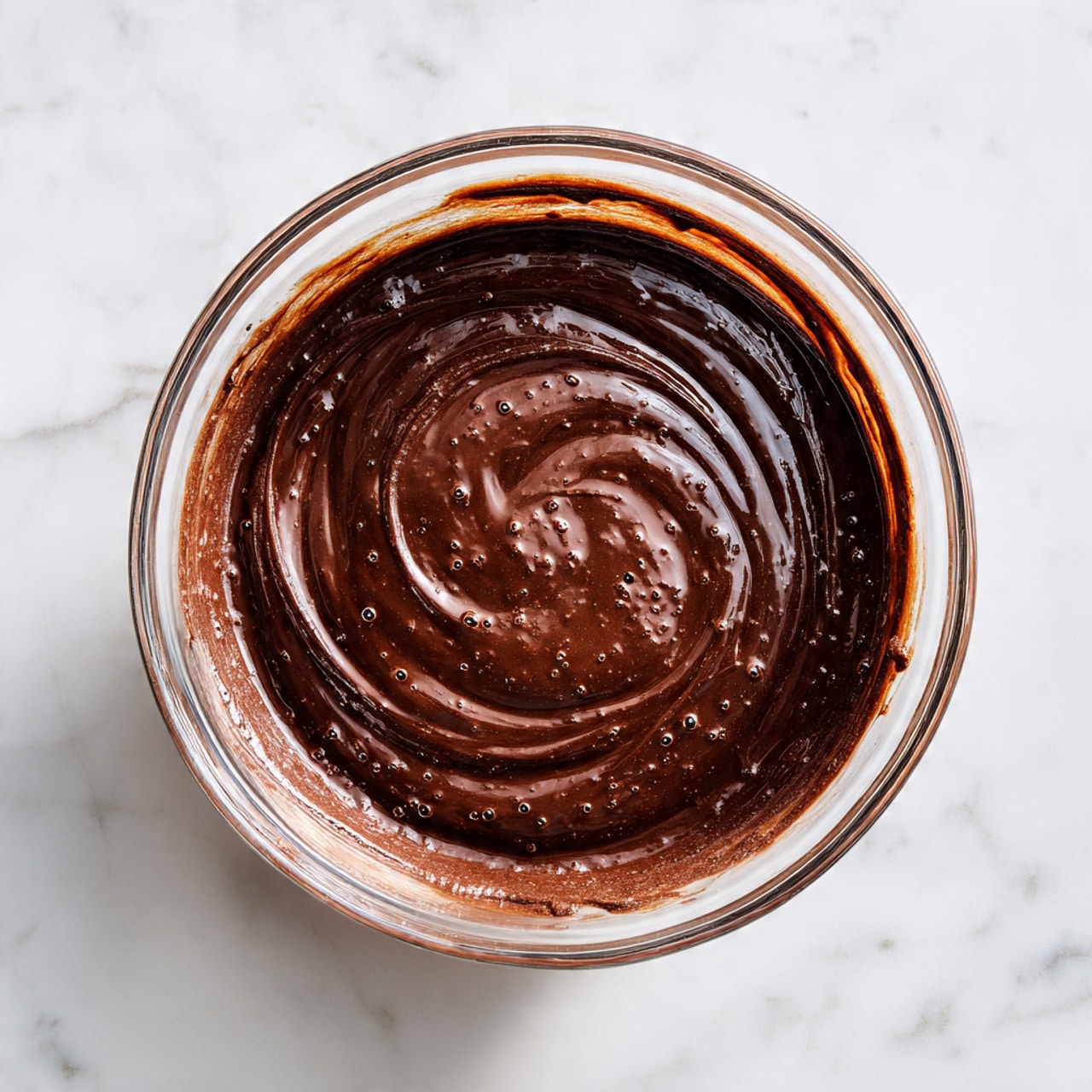 A clear glass bowl filled with smooth, thick chocolate batter, its surface marked with gentle swirls and small bubbles. The batter is dark brown and creamy, evenly covering the bottom and sides of the bowl with some remnants smeared on the inner edge. The bowl sits on a white marbled surface with soft natural lighting highlighting the texture. Photo taken with an iphone --ar 4:5 --v 7