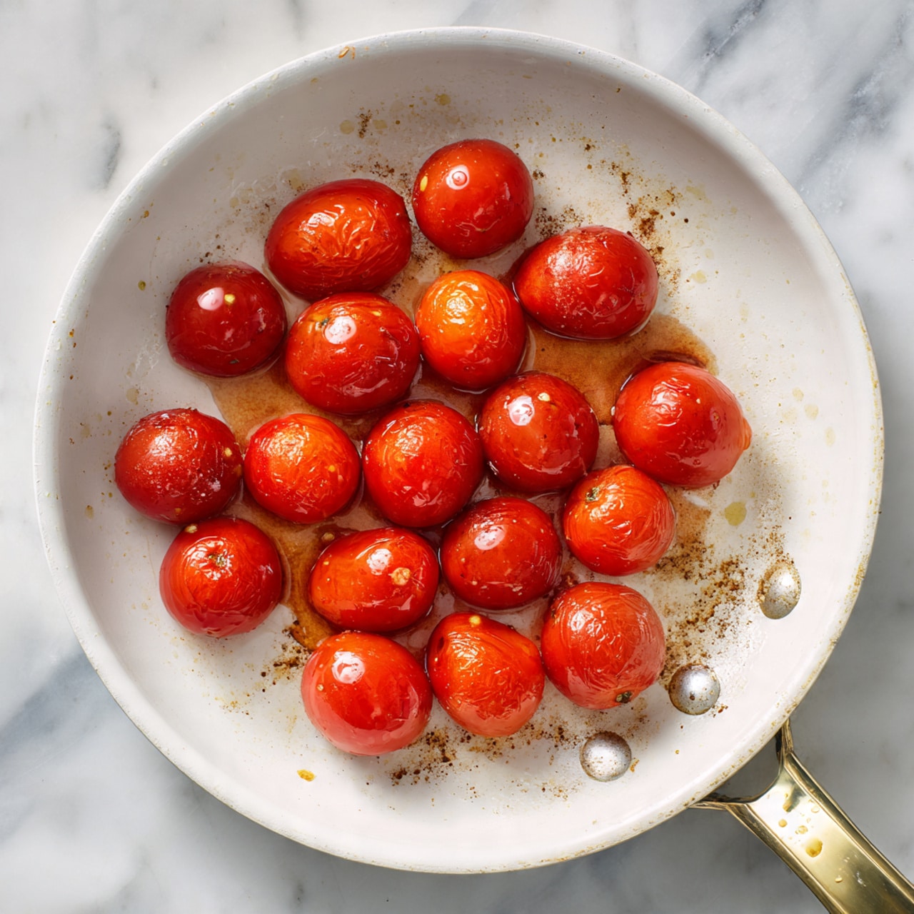 A white pan holds a single layer of bright red cherry tomatoes that are shiny and slightly soft with some small marks on their surfaces. The pan has a few brown spots and streaks from cooking, giving a warm, cooked texture around the tomatoes. The handle of the pan is gold-colored and partly visible at the bottom right. The background is a white marbled surface, clean and smooth. photo taken with an iphone --ar 4:5 --v 7