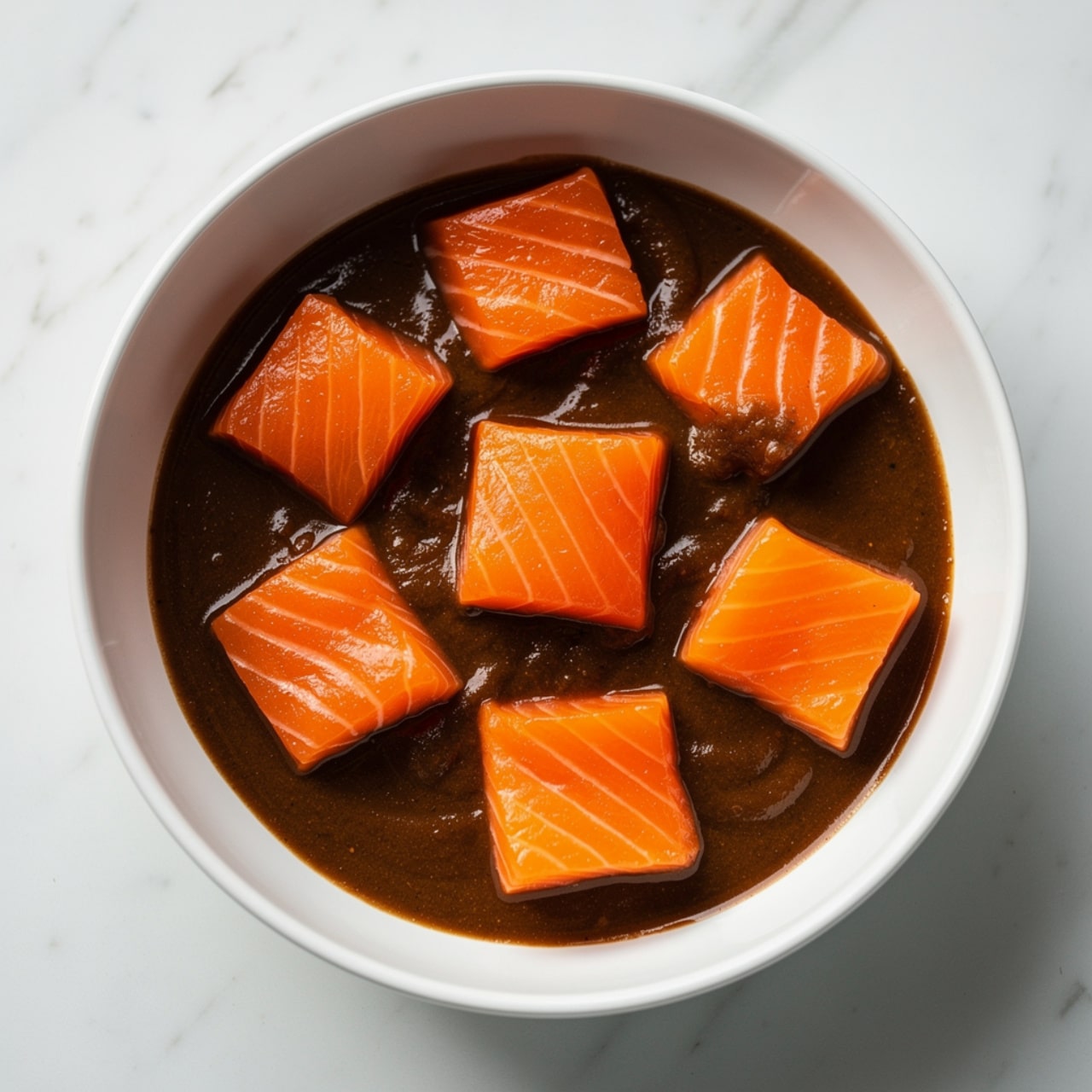 A white bowl filled with thick, dark brown sauce at the bottom and topped with about ten shiny orange salmon pieces scattered throughout. The salmon pieces have a smooth texture with slight lines and a glossy finish from the sauce. The bowl sits on a white marbled surface with soft lighting highlighting the bright color of the salmon and the rich depth of the sauce. Photo taken with an iphone --ar 4:5 --v 7