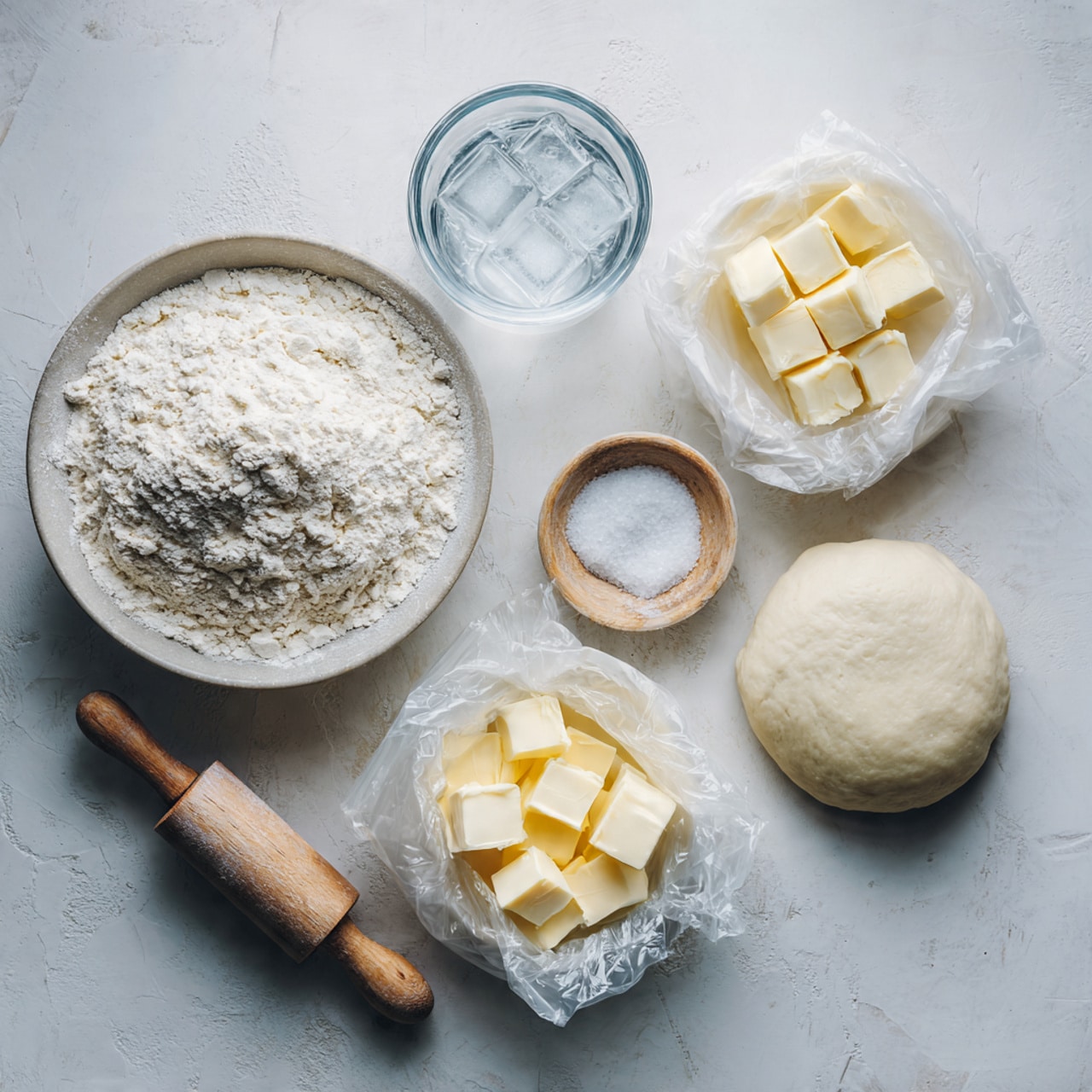 Two dough balls with a slightly rough and flour-dusted texture sit on a white marbled surface. Behind them, a clear glass measuring cup with red measurement markings and the word