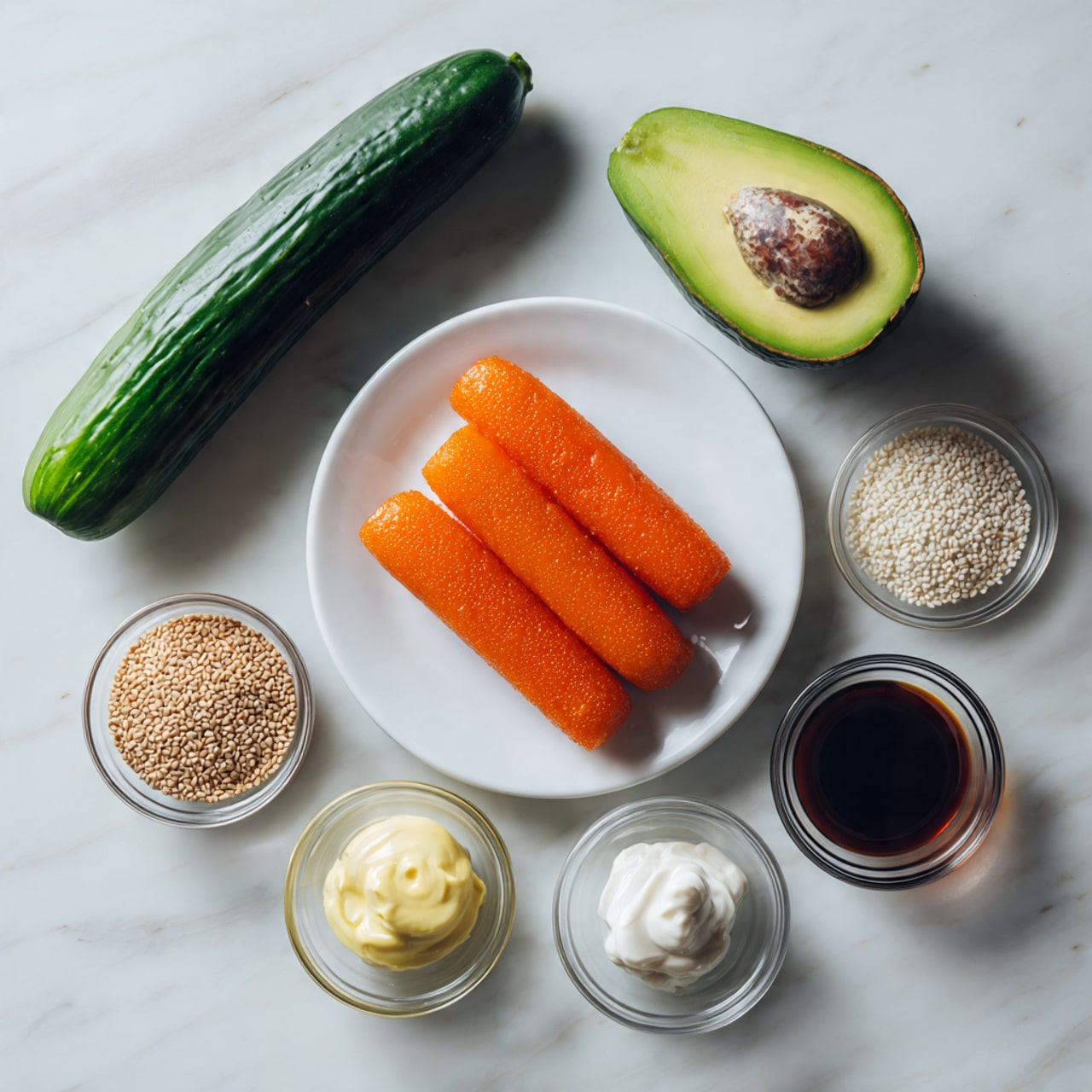 A long dark green cucumber lies on the left side on a white marbled surface. To the right, a half avocado with dark brown seed and light green inside is placed above a white plate. On the plate, there are three bright orange crab sticks aligned side by side. Surrounding the crab sticks, there are four small glass bowls: one filled with light brown sesame seeds at the top, one with dark brown soy sauce to its right, one with white cream cheese below the soy sauce, and one with pale yellow mayonnaise below the sesame seeds. The scene has soft natural light and clear details, photo taken with an iphone --ar 4:5 --v 7