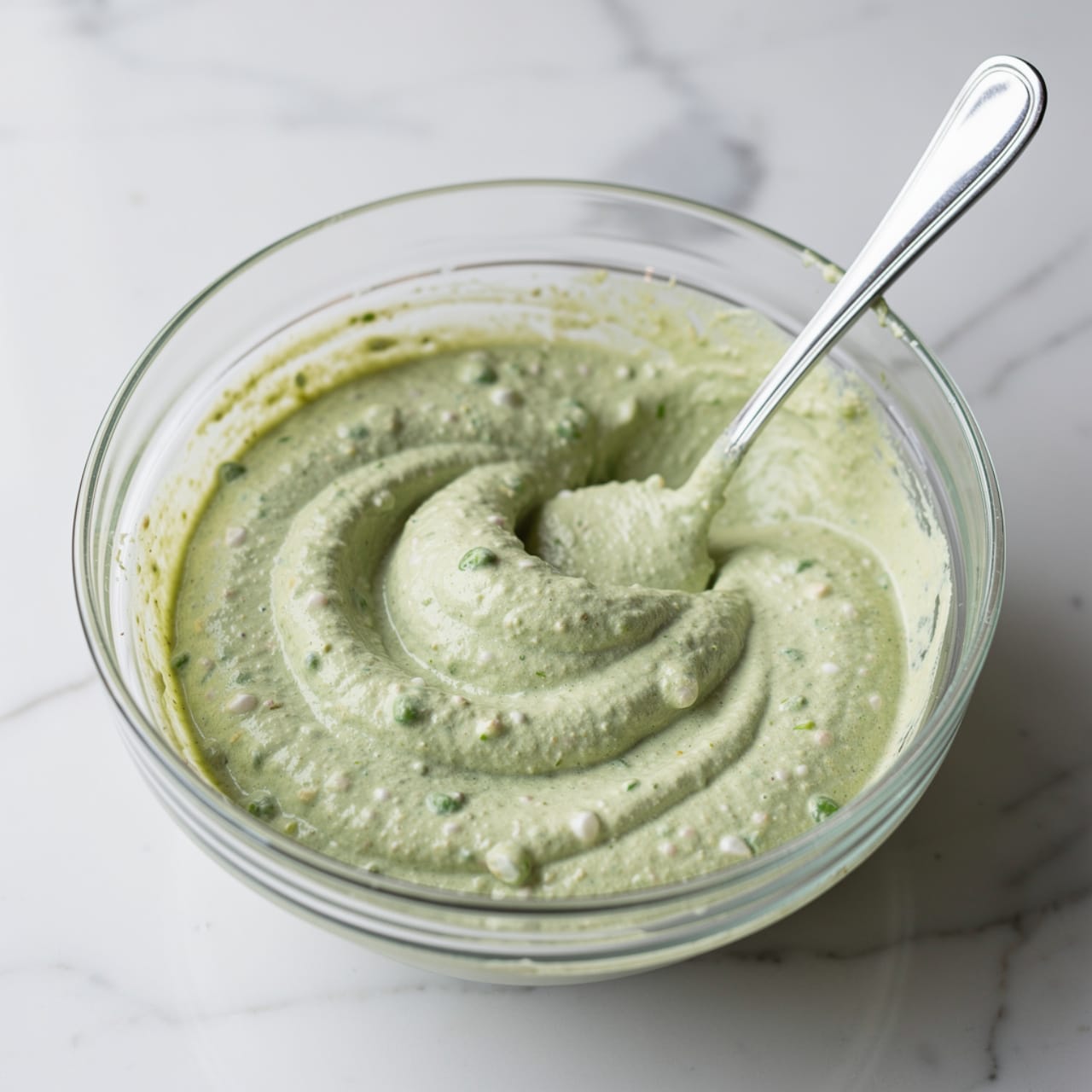 A clear glass bowl sits on a white marbled surface filled with a thick, pale green mixture that looks creamy with small green and white bits scattered throughout. The texture is smooth with some chunkiness and the mixture is spread around the bowl with visible swirling patterns. A silver spoon with a long handle rests inside the bowl, part covered by the green mixture, positioned towards the right side. photo taken with an iphone --ar 4:5 --v 7