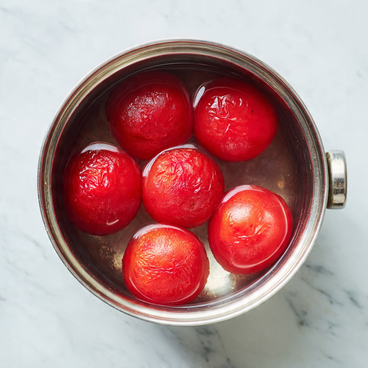 A silver pot filled with clear water holds five whole red tomatoes, some of which have splits and cracks on their skins from being boiled. The tomatoes float near the top, their soft skins wrinkled and slightly peeling. The shiny metal surface of the pot contrasts with the bright red of the tomatoes. The background is a white marbled texture. photo taken with an iphone --ar 4:5 --v 7