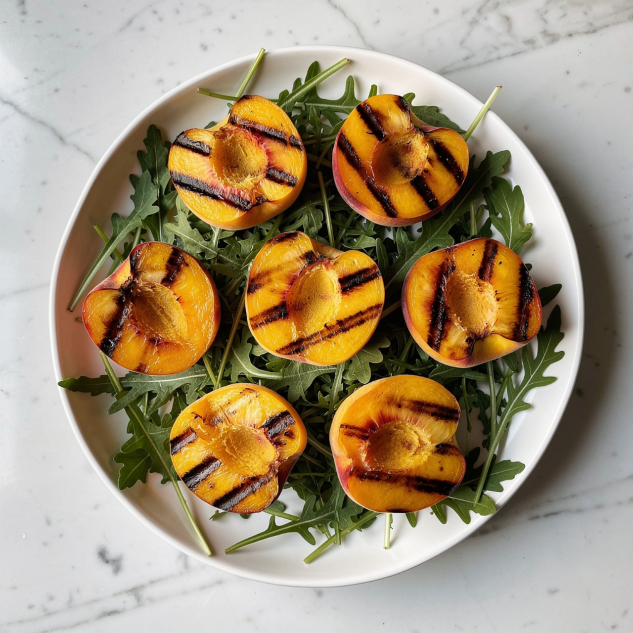 The image shows a white oval plate filled with fresh green arugula leaves forming the bottom layer, which looks leafy and slightly textured. On top of the arugula, there are several grilled peach slices with dark char marks, giving a mix of light orange-yellow and deep brown colors scattered evenly across the plate. The peaches are placed in a way that their curved edges and soft texture can be seen clearly against the green background. The plate is set on a white marbled surface. photo taken with an iphone --ar 4:5 --v 7