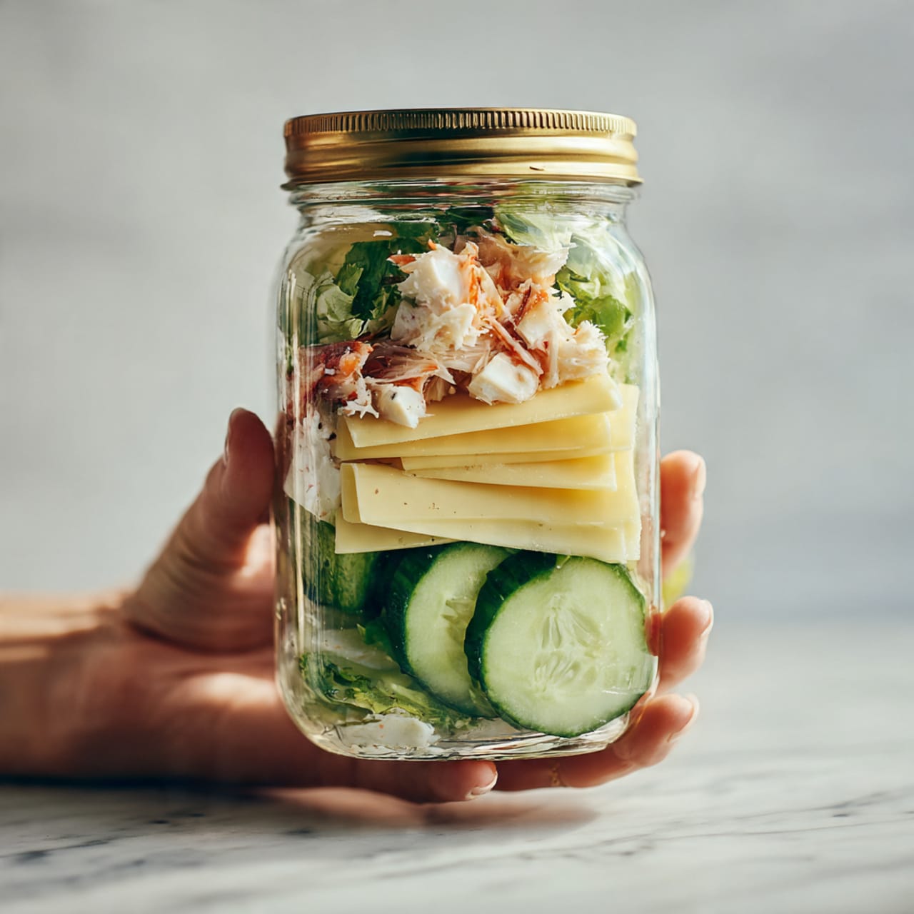 The dish shows a single layer of green cucumber slices with pale green centers and darker edges, spread around a white plate. On top of the cucumbers is a mix of shredded crab sticks that are white with red edges, along with a creamy light beige sauce lightly coating parts of the salad. Black and white sesame seeds are sprinkled evenly over the whole dish, adding texture and color contrast. The plate is placed on a white marbled surface, and wooden chopsticks rest at the top right side of the plate. Photo taken with an iphone --ar 4:5 --v 7