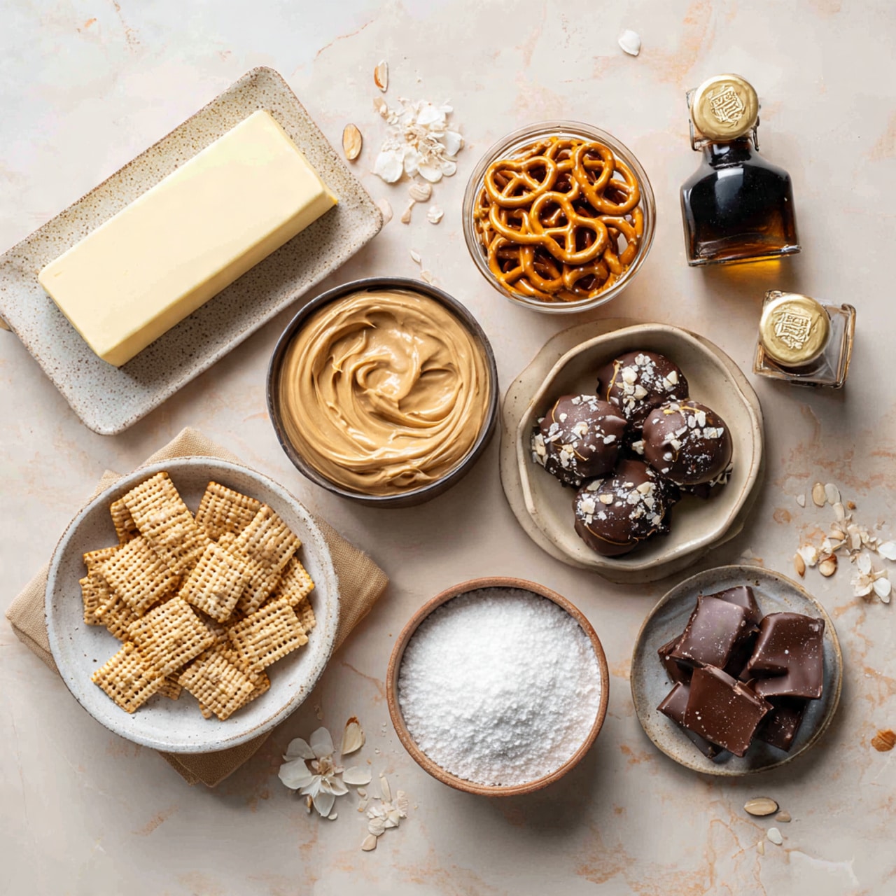 A metal mixing bowl is shown from above, containing two ingredients: a light brown, creamy peanut butter portion with smooth swirls on top, and a white, solid stick of butter lying next to it. The bowl is placed on a white marbled surface with small pretzels scattered around it and some black-and-white printed paper underneath. The lighting highlights the smooth texture of the peanut butter and the firmness of the butter stick photo taken with an iphone --ar 4:5 --v 7
