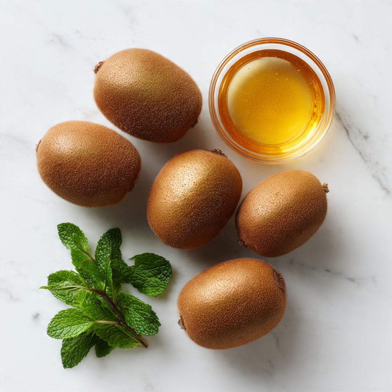 The image shows five whole kiwis with brown fuzzy skin arranged casually on a white marbled surface, a small clear glass bowl filled with golden honey to the upper right, and a small bunch of fresh green mint leaves positioned below the honey bowl, all spaced apart neatly with natural lighting highlighting the textures. photo taken with an iphone --ar 4:5 --v 7