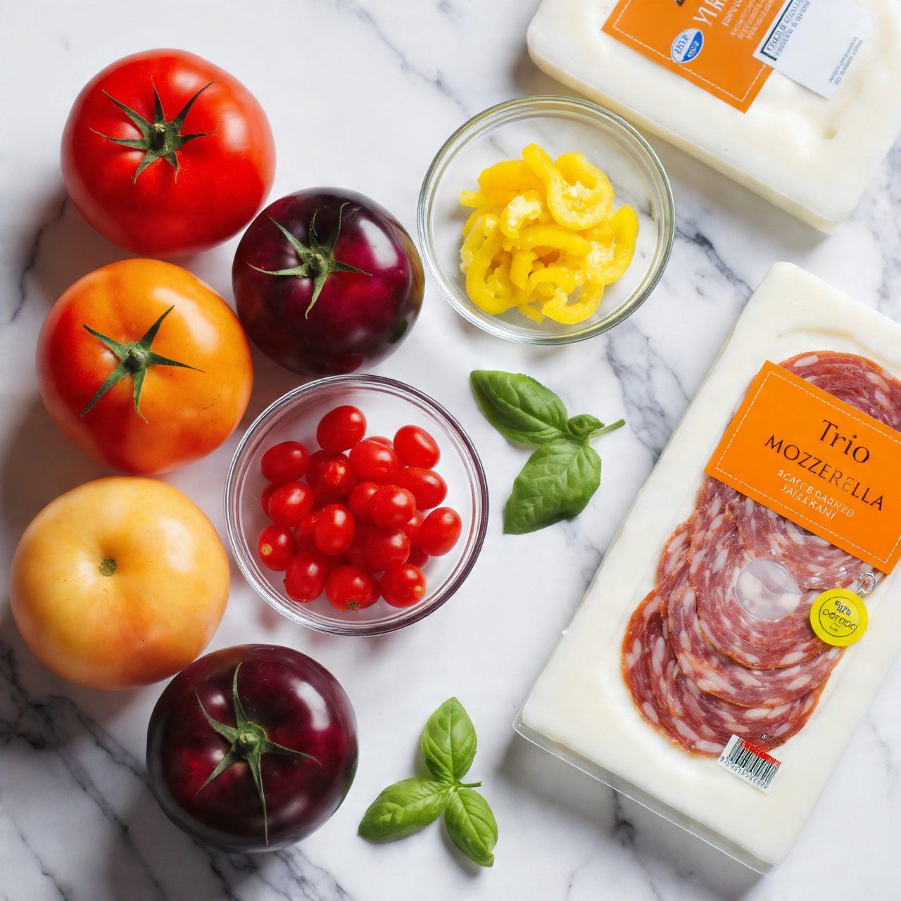 The image shows a white marbled surface with fresh ingredients arranged neatly. There are four large tomatoes in different colors: red, yellow, orange, and dark purple, along with a small cluster of red cherry tomatoes. A clear glass bowl holds yellow pickled pepper slices, placed near a small bunch of fresh green basil leaves. To the right side, there is a white package of sliced mozzarella cheese with an orange label and next to it is a clear plastic pack of assorted salami labeled